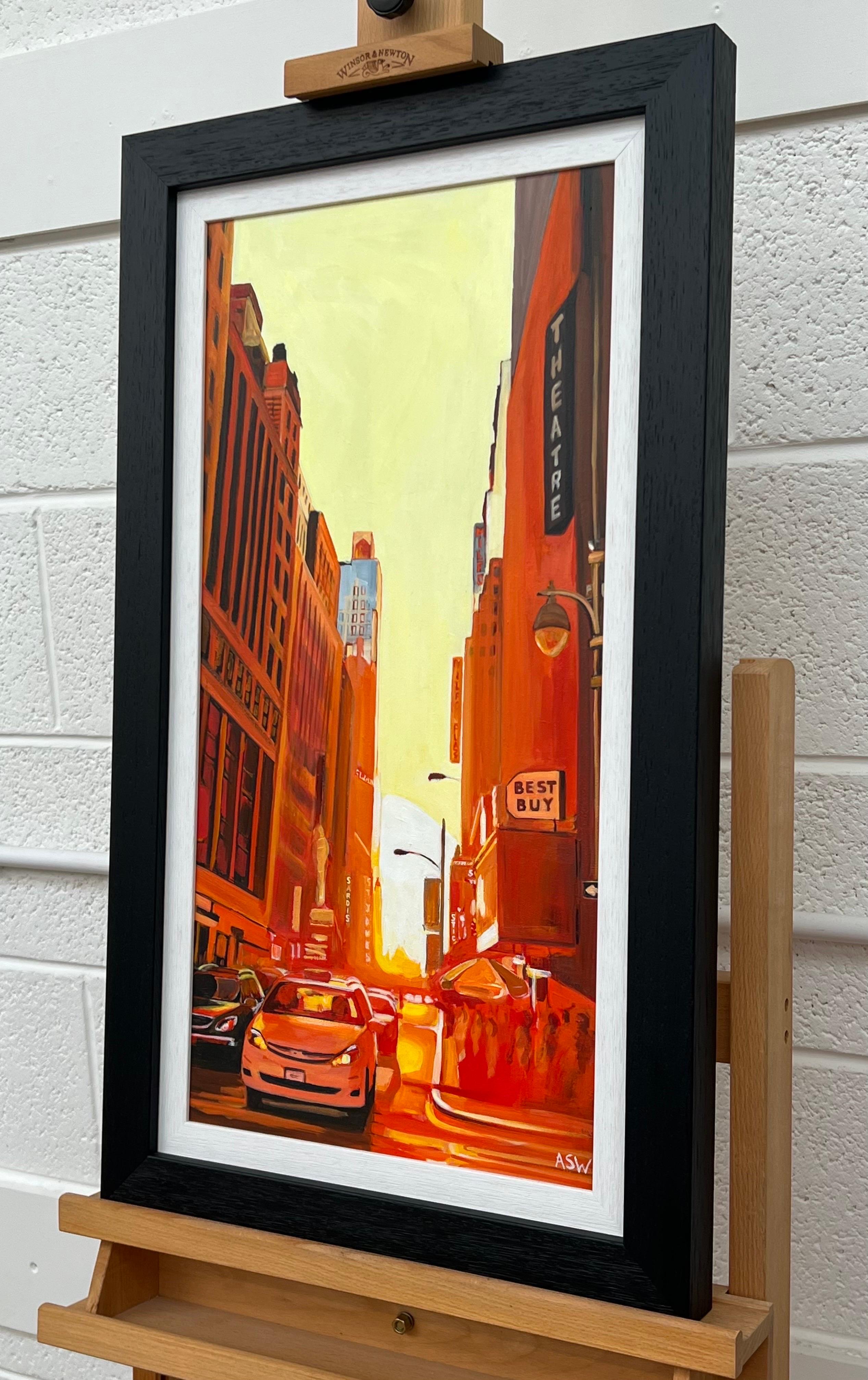 Escena callejera en el distrito teatral de Manhattan, Nueva York, al atardecer, por la artista británica Angela Wakefield.

Medidas de la obra: 12 x 24 pulgadas
Medida del marco 16 x 28 pulgadas

La obra de Wakefield es una mezcla única de