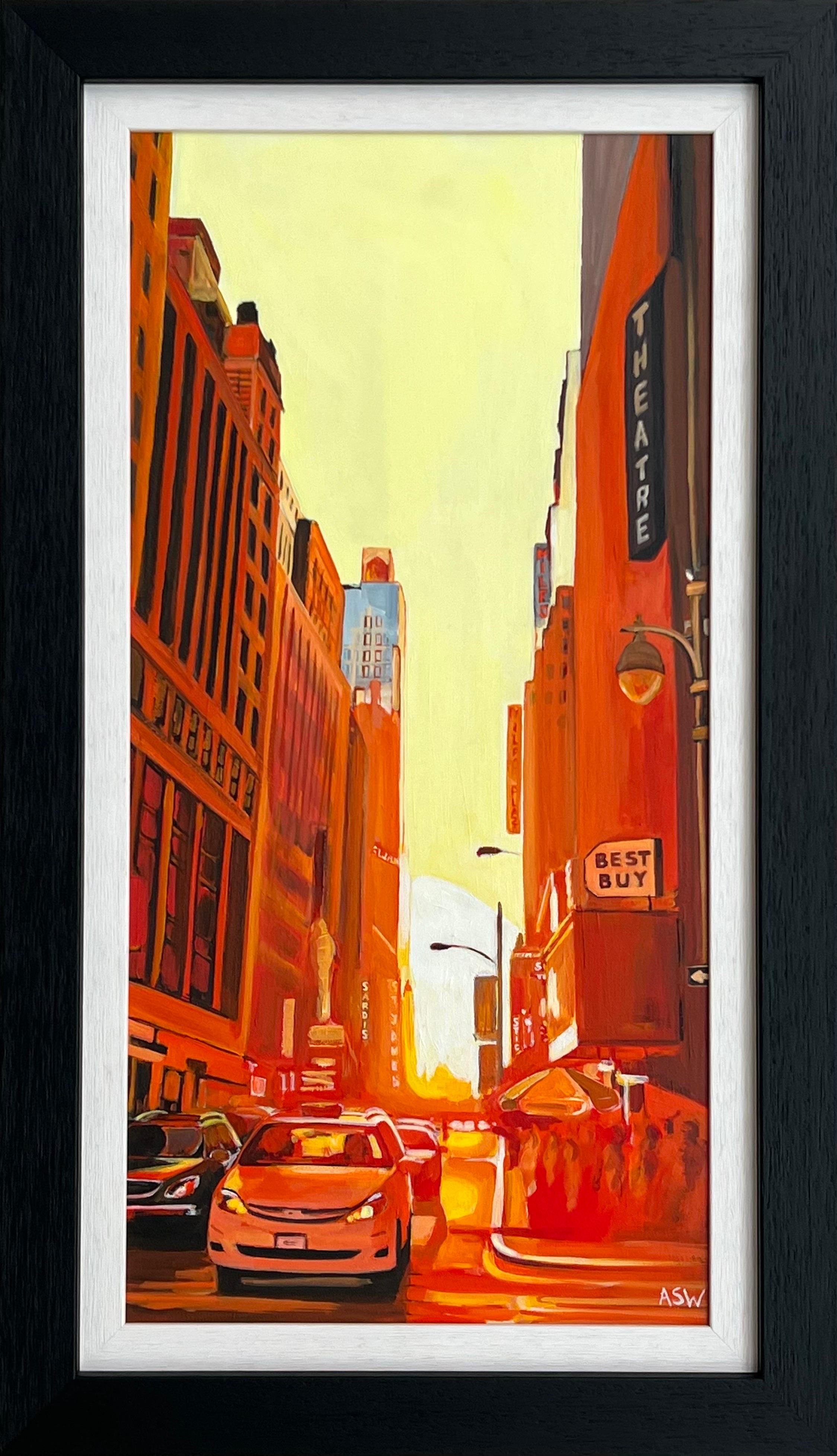Angela Wakefield Landscape Painting – Street Scene in Manhattan Theatre District, New York City, bei Sonnenuntergang des britischen Künstlers