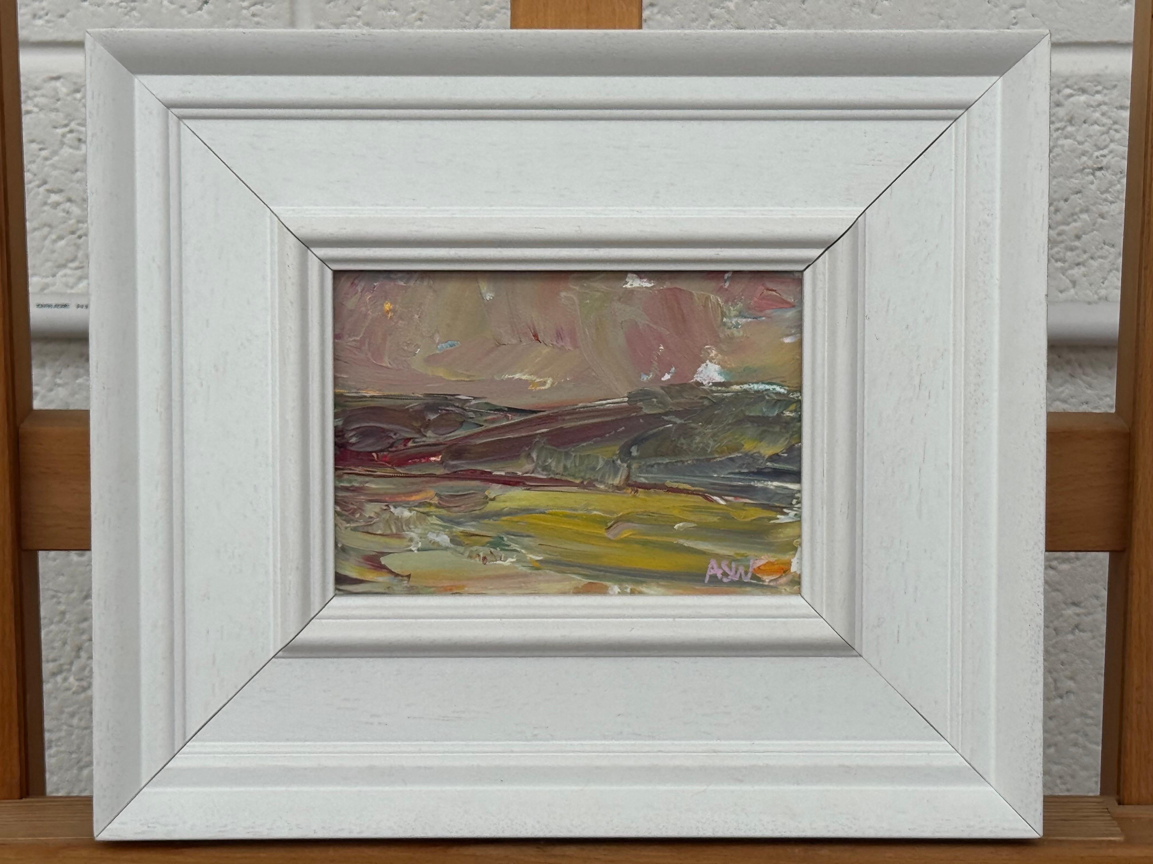 Study using Earthy Colours - Miniature Abstract Landscape Art by British Artist - Painting by Angela Wakefield