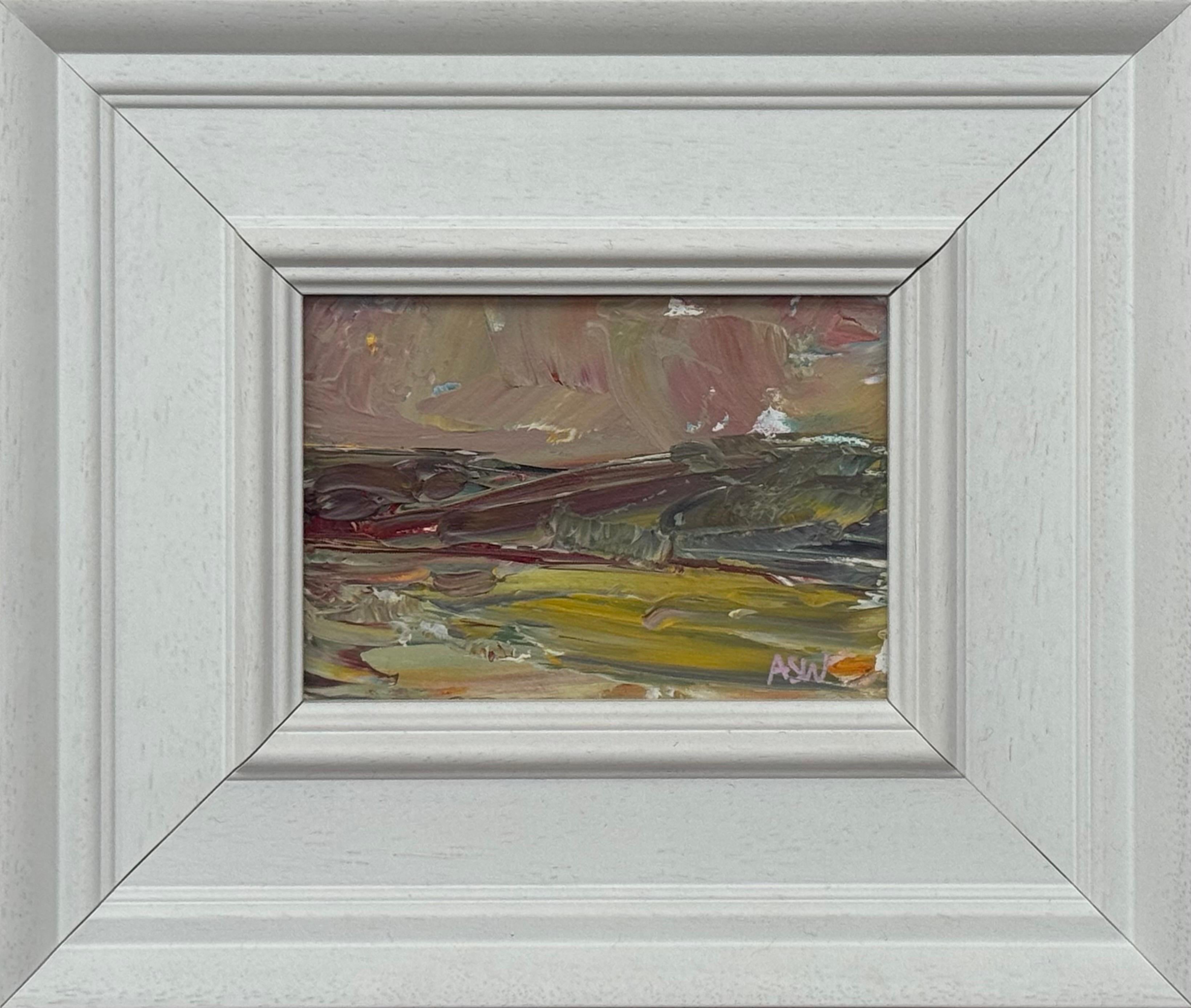 Angela Wakefield Abstract Painting - Study using Earthy Colours - Miniature Abstract Landscape Art by British Artist