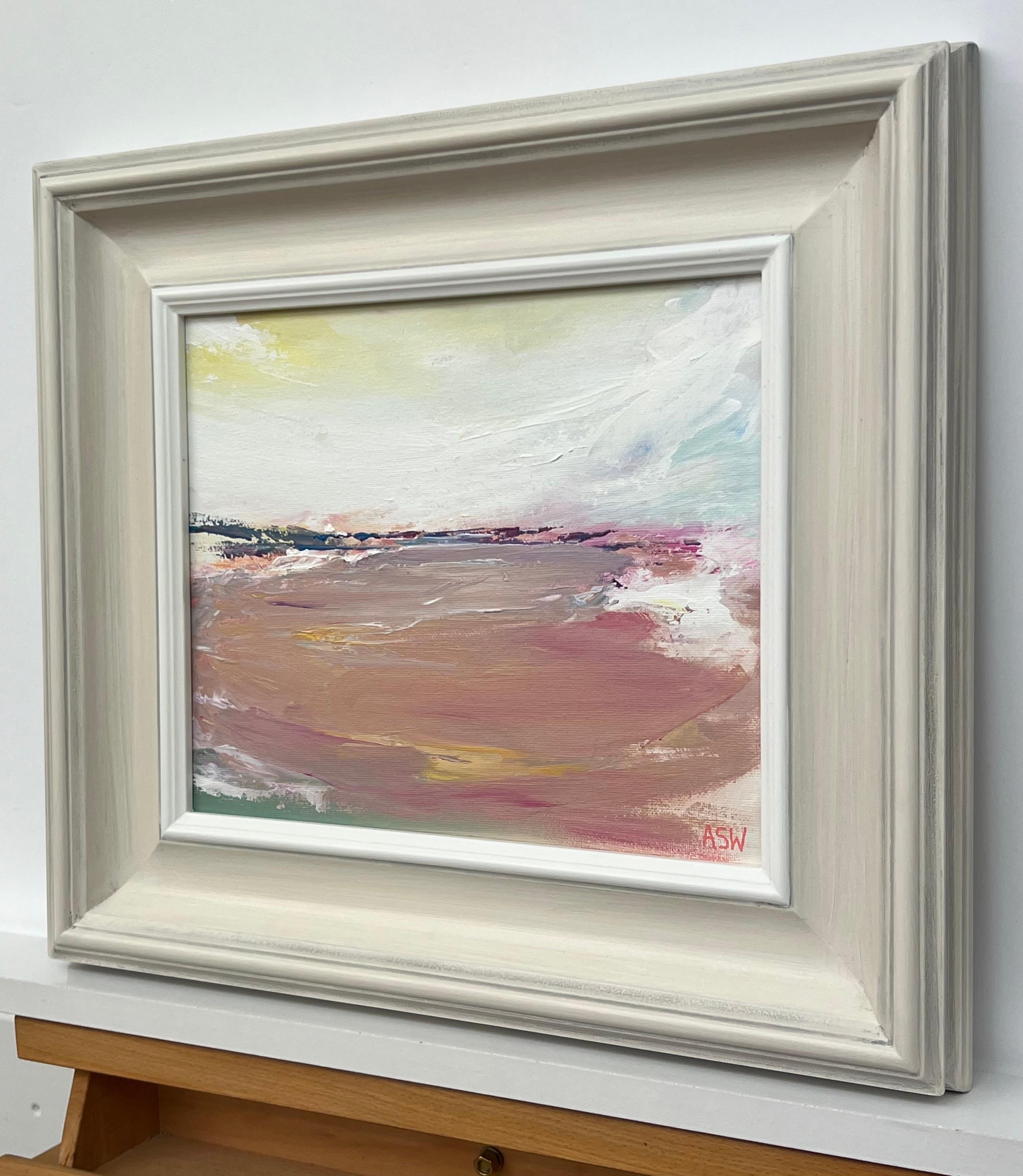 Sunlit Horizon - Abstract Sea Landscape using earthy tones by British Artist - Gray Landscape Painting by Angela Wakefield