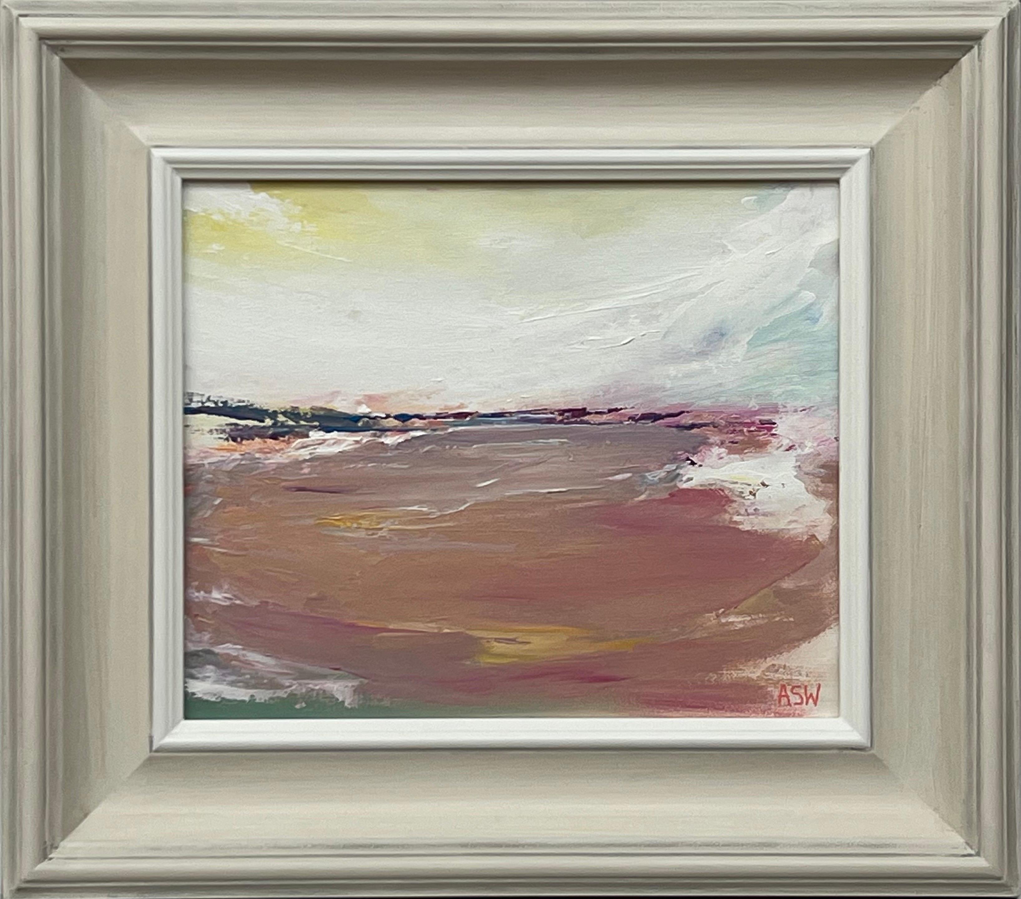 Angela Wakefield Landscape Painting - Sunlit Horizon - Abstract Sea Landscape using earthy tones by British Artist