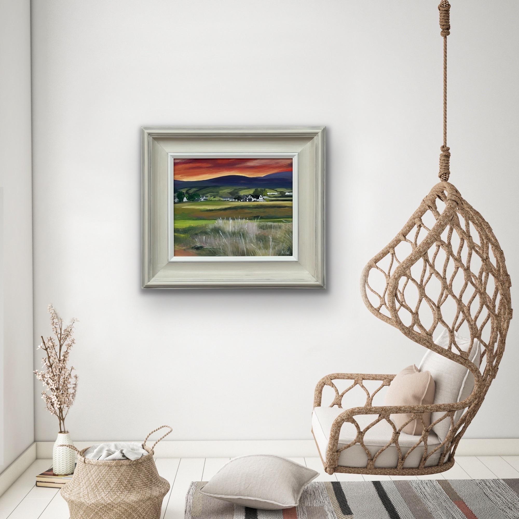 Sunset at Brora Golf Course in the Scottish Highlands by Contemporary British Artist, Angela Wakefield. This unique original depicts a deep red orange sunset on the east coast of Scotland. 

Art measures 12 x 10 inches 
Frame measures 18 x 16 inches