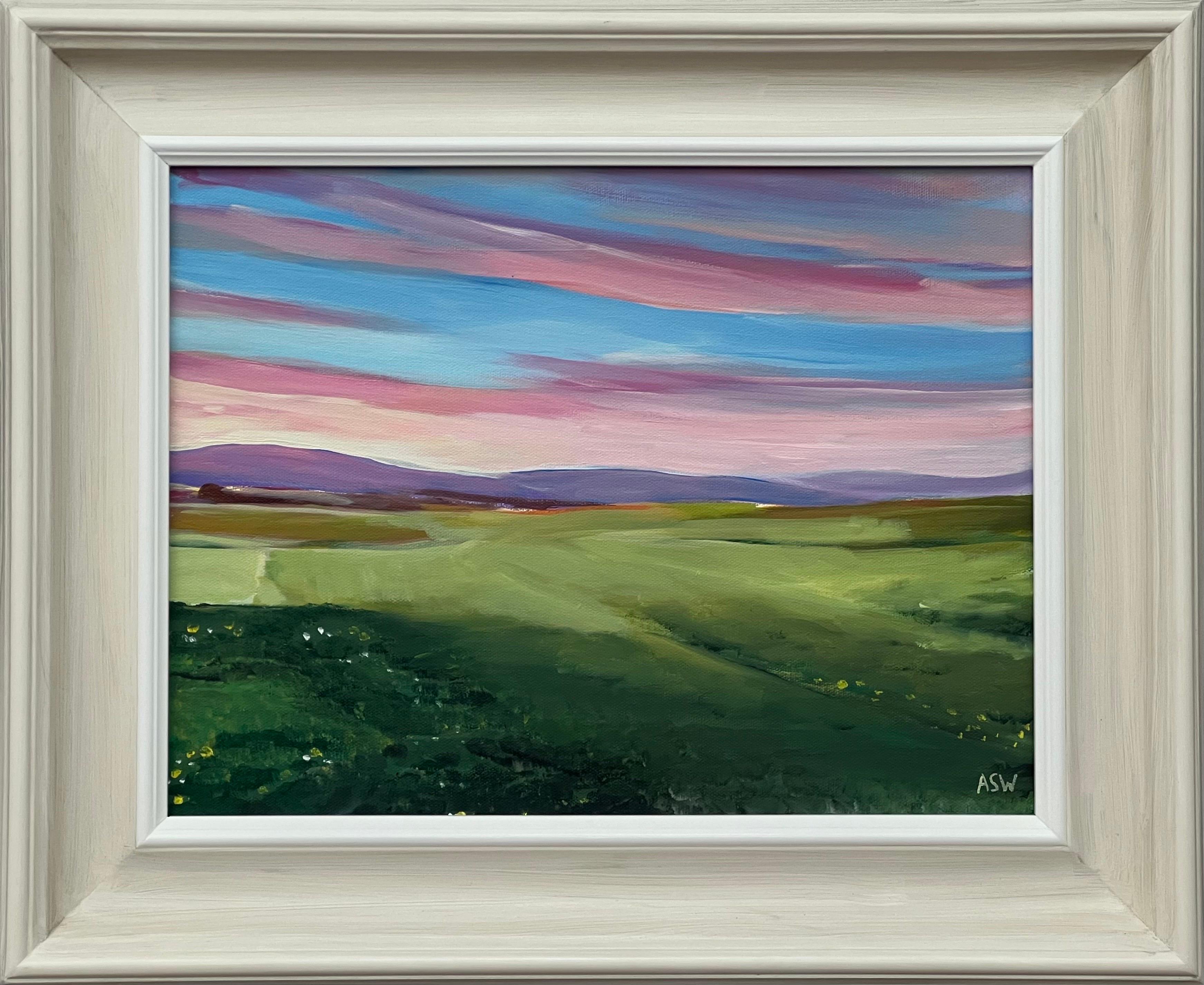 Angela Wakefield Landscape Painting – Sonnenuntergang auf dem Golfplatz von Brora in den schottischen Highlands von Contemporary Artist