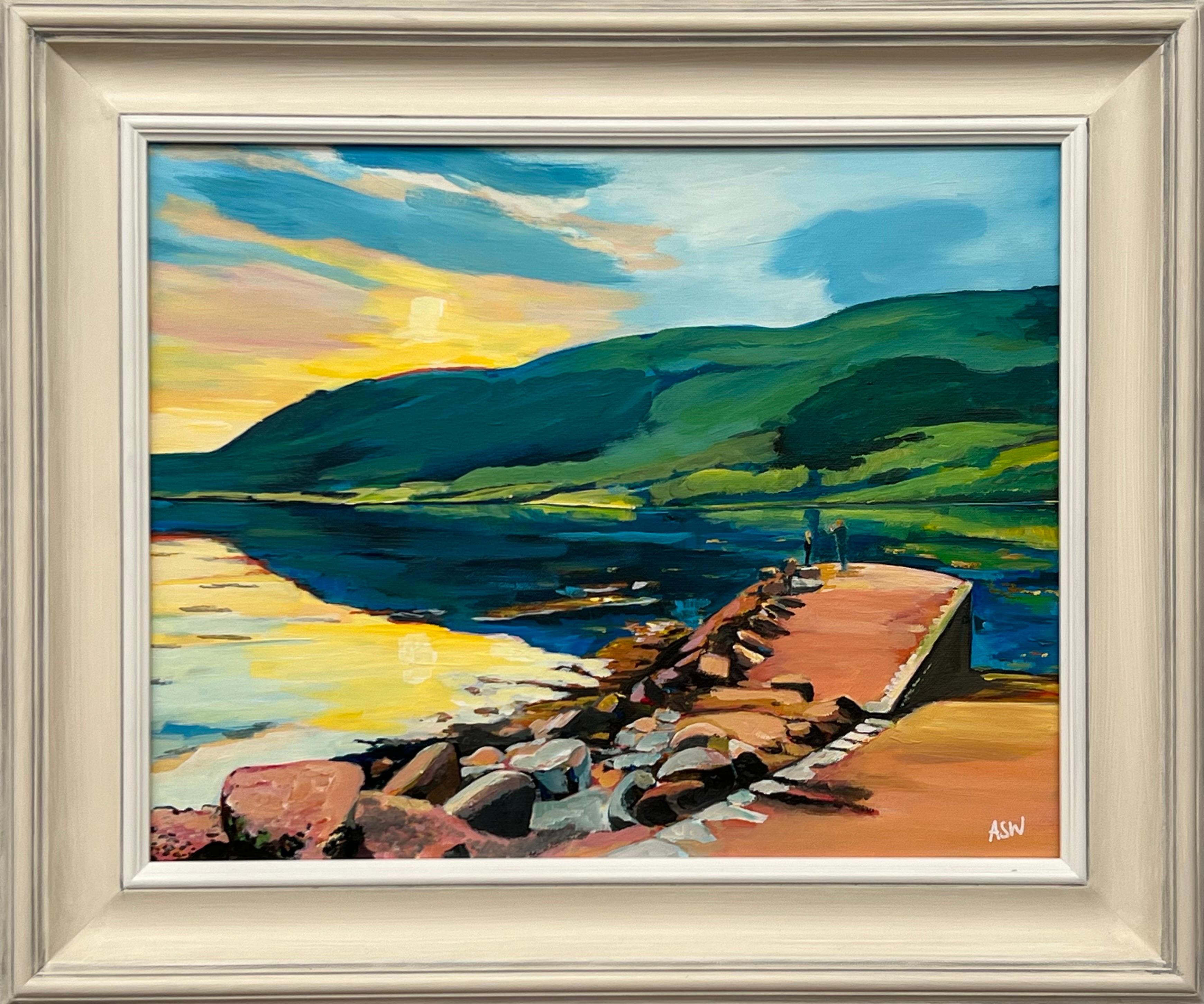 Angela Wakefield Figurative Painting - Sunset at Loch in the Mountains of the Scottish Highlands by Contemporary Artist