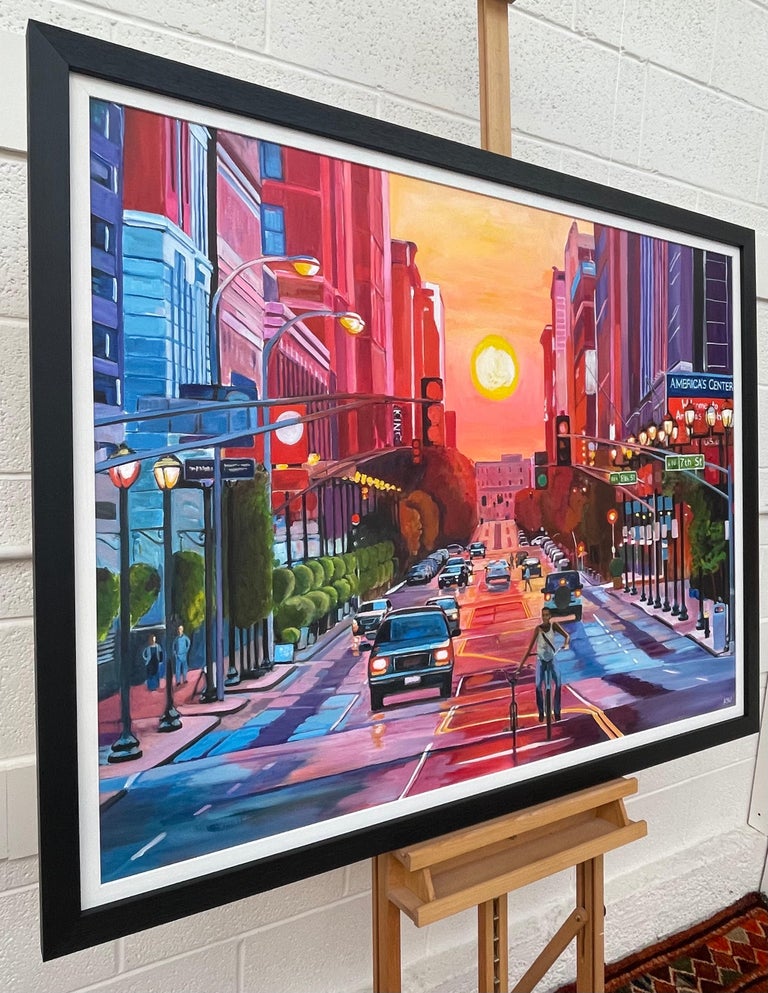 Sunset at Washington Avenue Historic District by Contemporary British Artist - Black Figurative Painting by Angela Wakefield