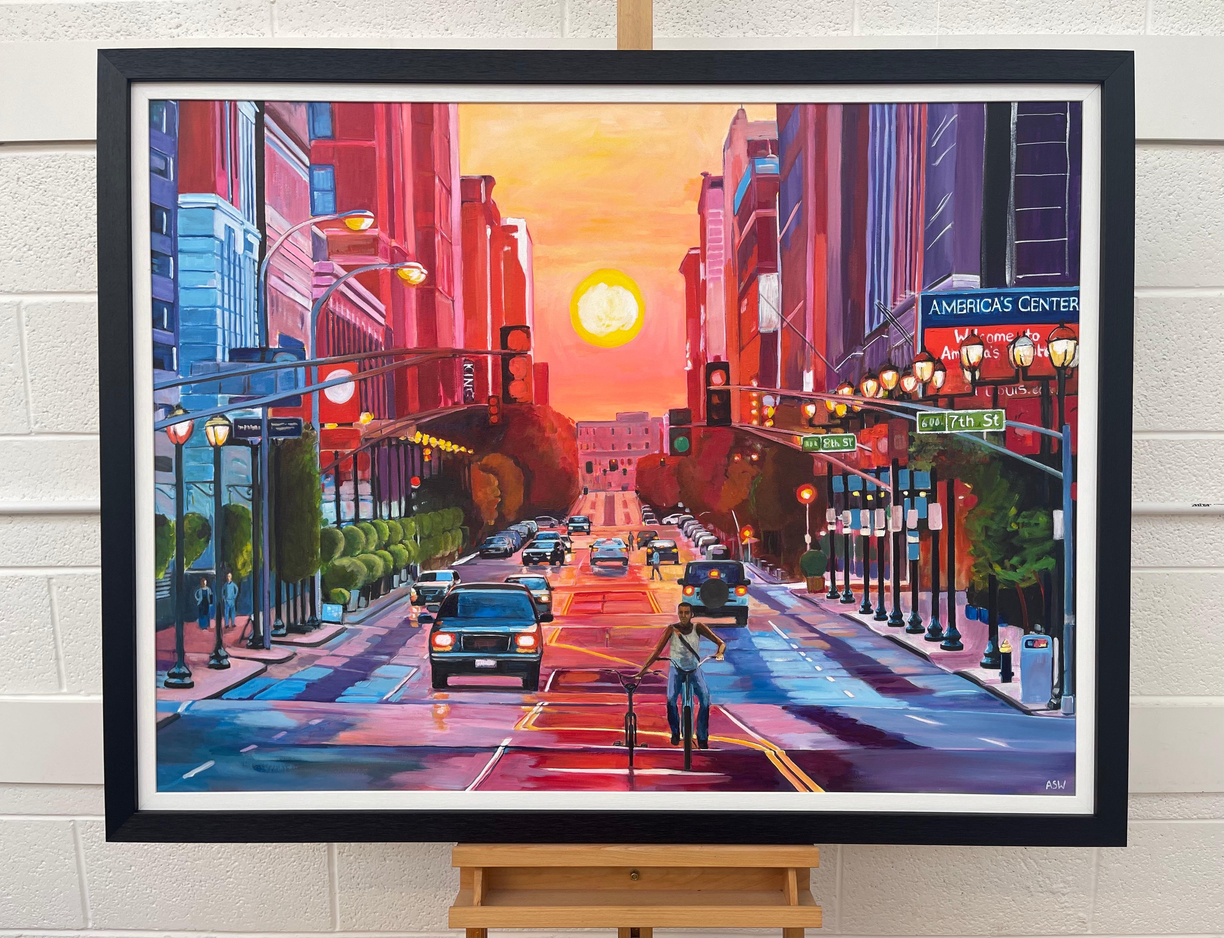 Coucher de soleil dans le quartier historique de Washington Avenue par un artiste britannique contemporain - Noir Figurative Painting par Angela Wakefield