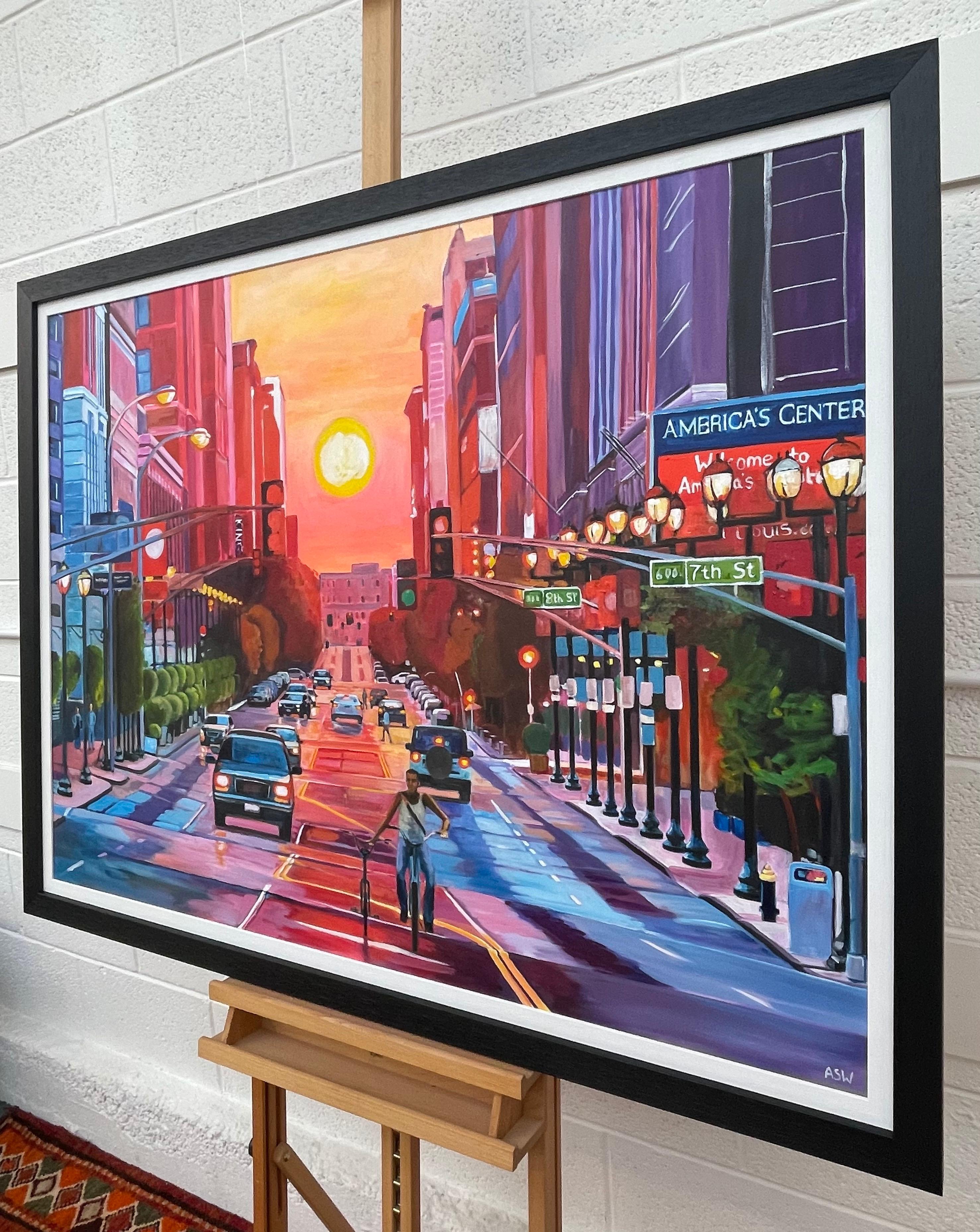 Coucher de soleil à Washington Avenue Historic District St Louis Missouri par l'artiste britannique contemporaine Angela Wakefield. Les riches couleurs orange, rose, jaune et violet créent une atmosphère et donnent à cet original un éclat