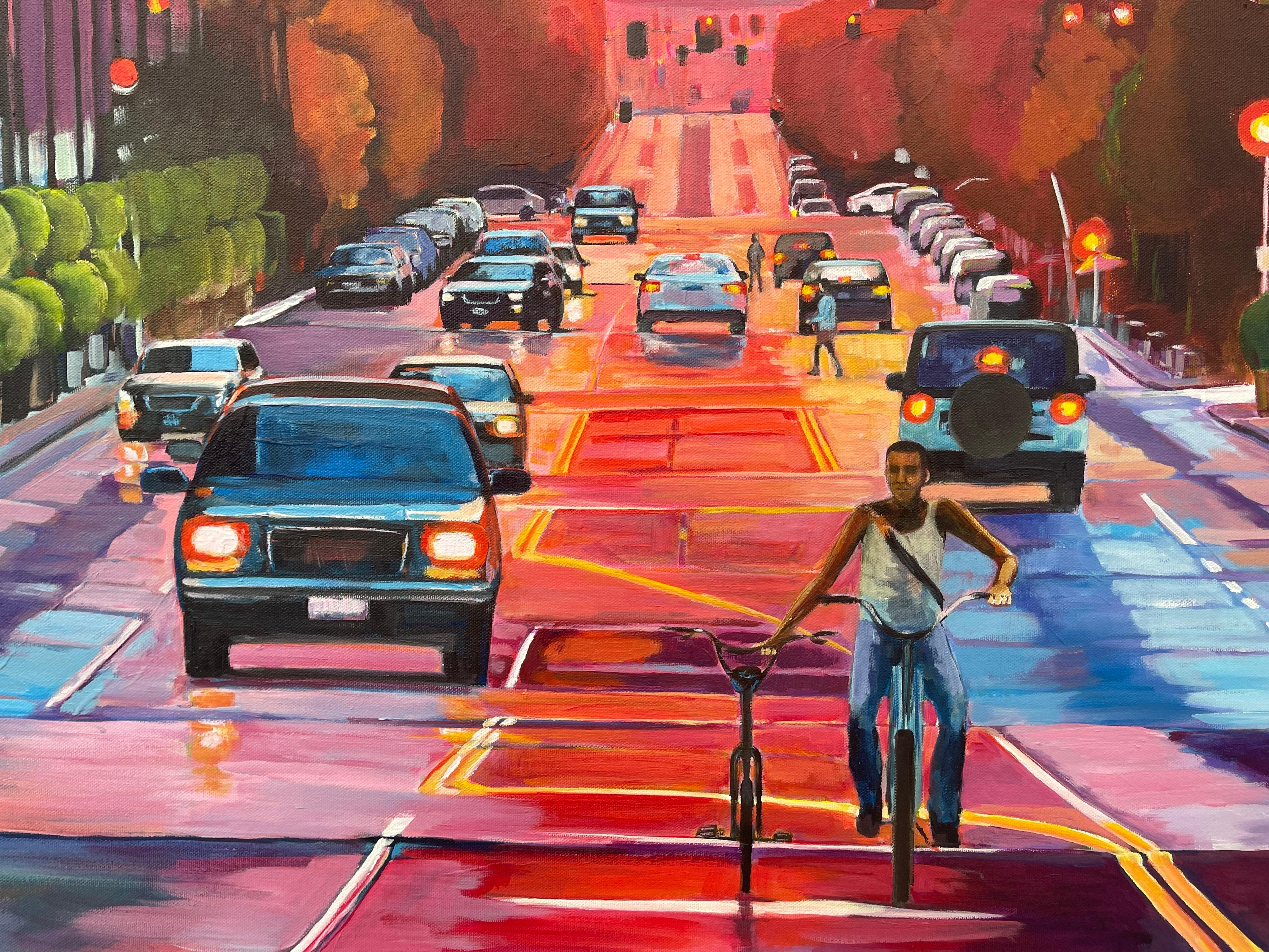 Sunset at Washington Avenue Historic District St Louis Missouri by Contemporary British Artist Angela Wakefield. Rich orange, pink, yellow and purple colours create atmosphere and give this original a vibrant glow. 

Art measures 48 x 36