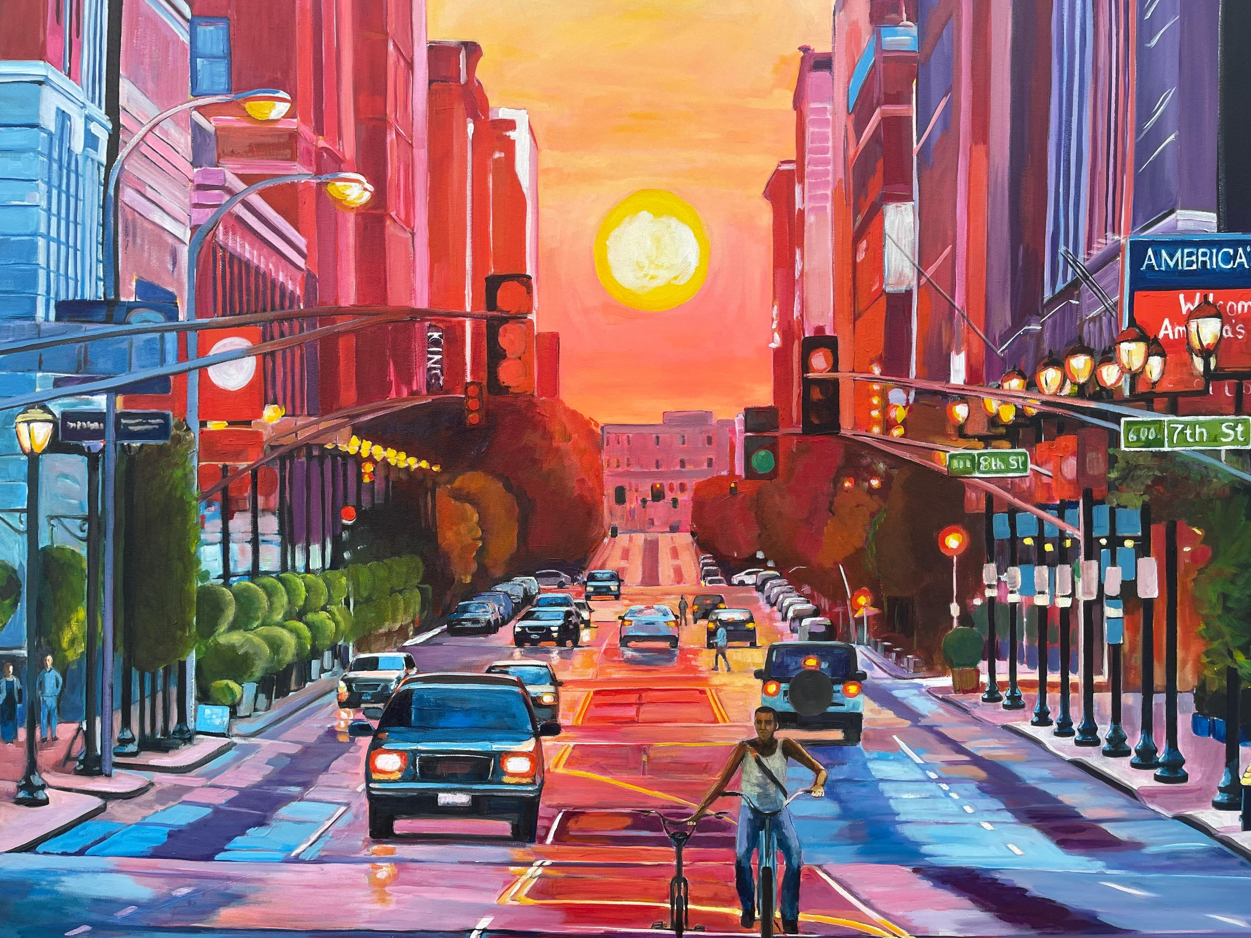 Coucher de soleil dans le quartier historique de Washington Avenue par un artiste britannique contemporain en vente 5