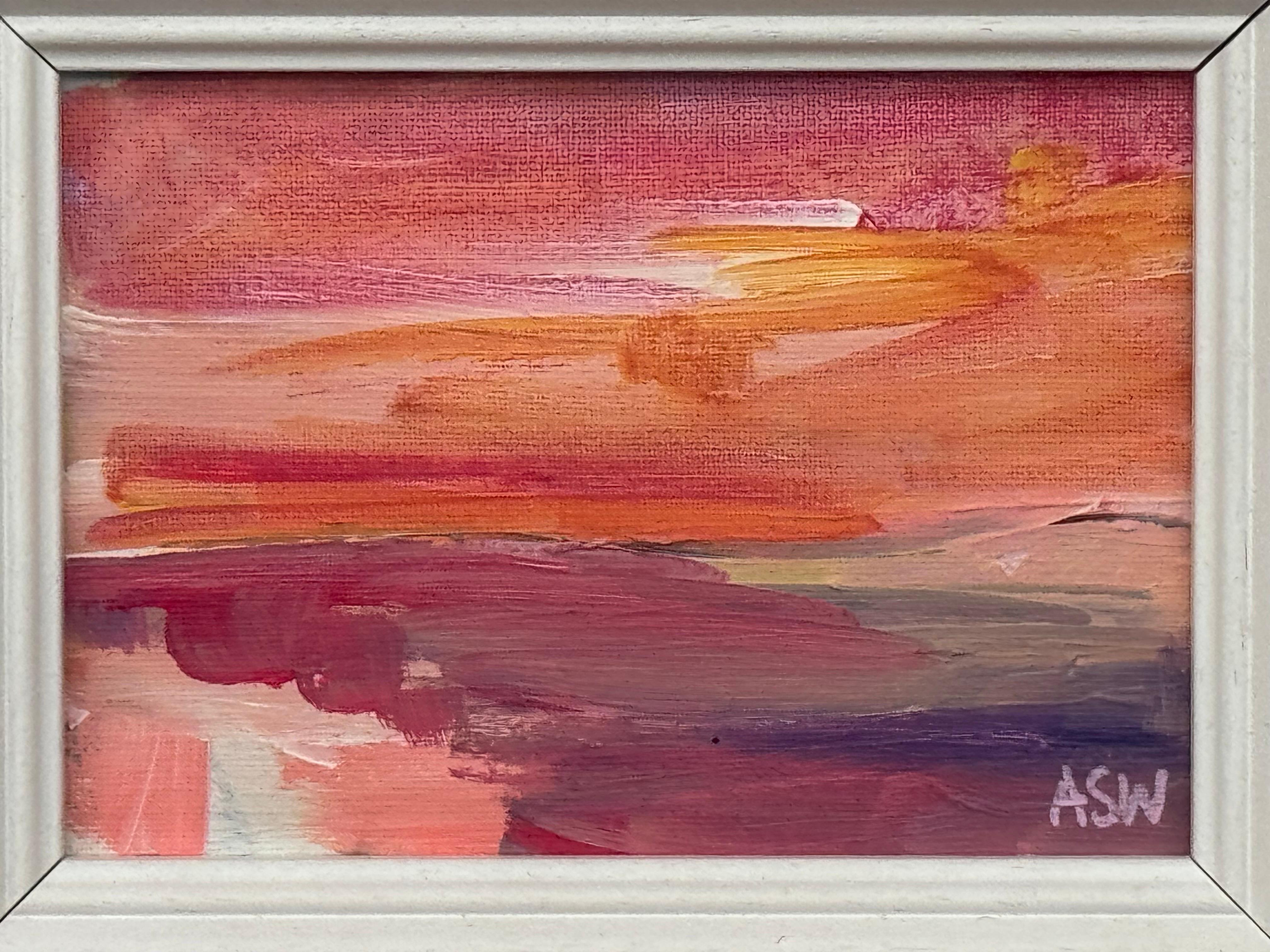 Sunset Study - Pink & Orange Miniature Abstract Landscape Art by British Artist For Sale 10