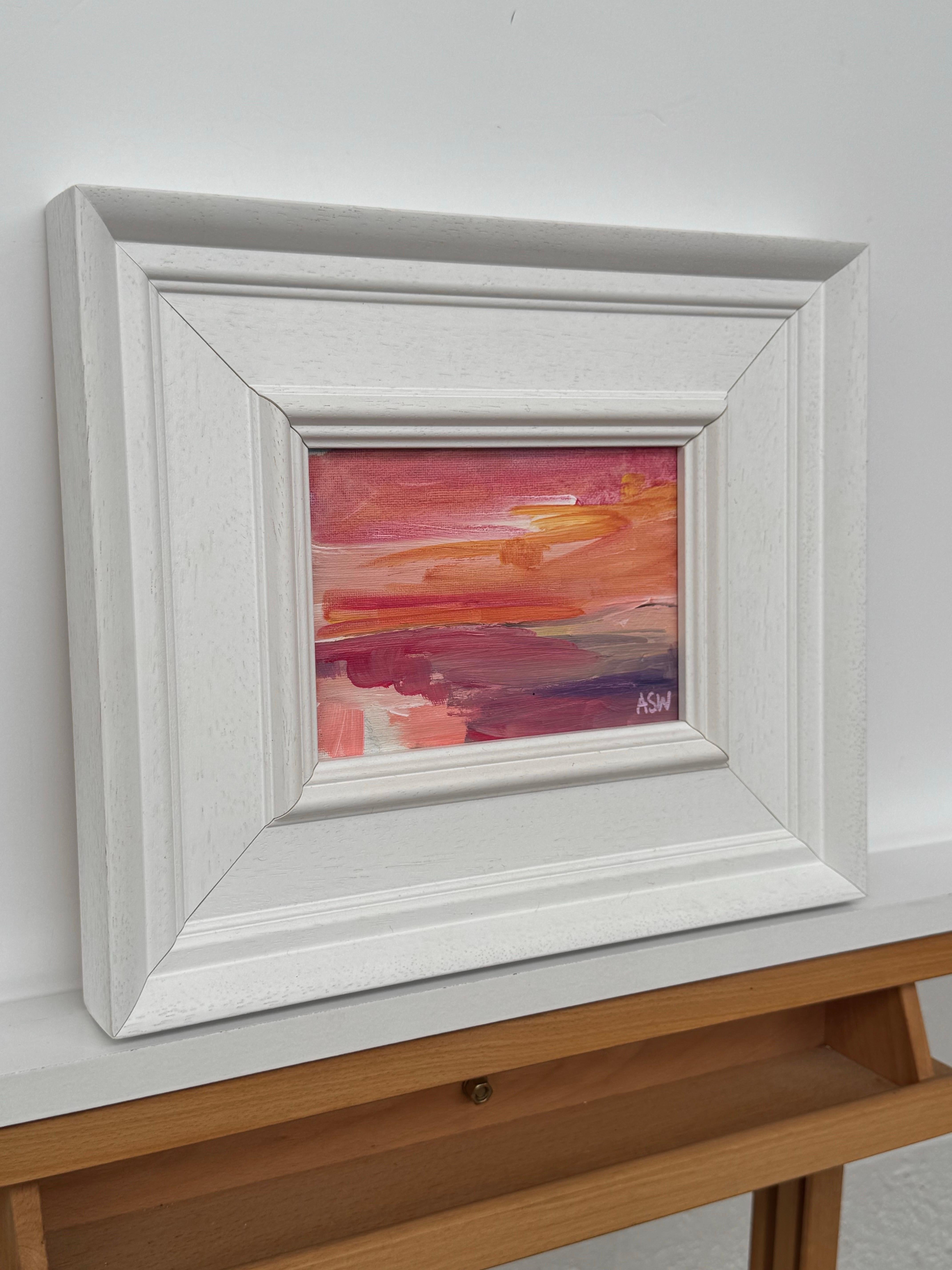 Sunset Study - Pink & Orange Miniature Abstract Landscape Art by British Artist - Painting by Angela Wakefield