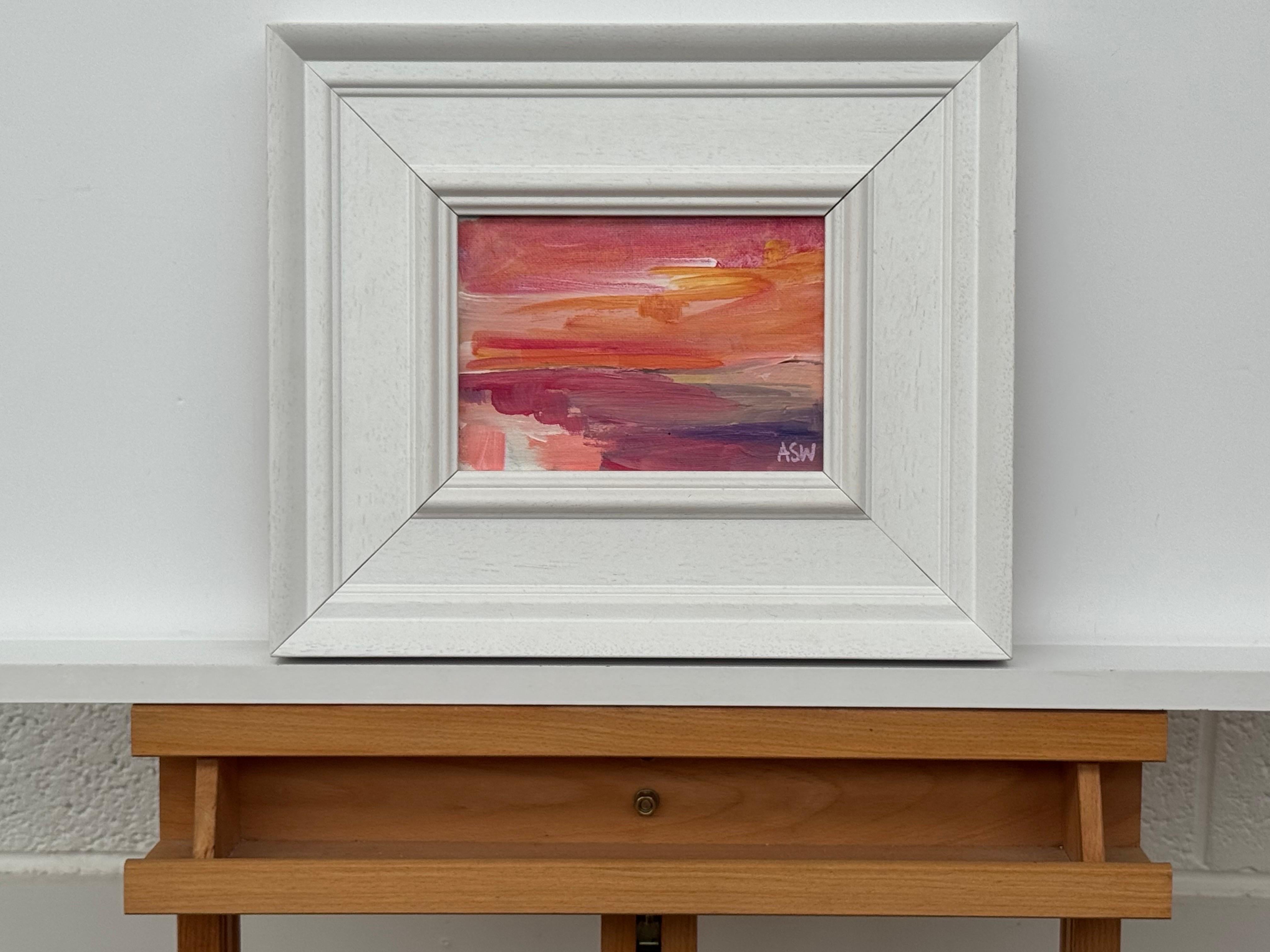 Sunset Study - Pink & Orange Miniature Abstract Landscape Art by British Artist - Contemporary Painting by Angela Wakefield