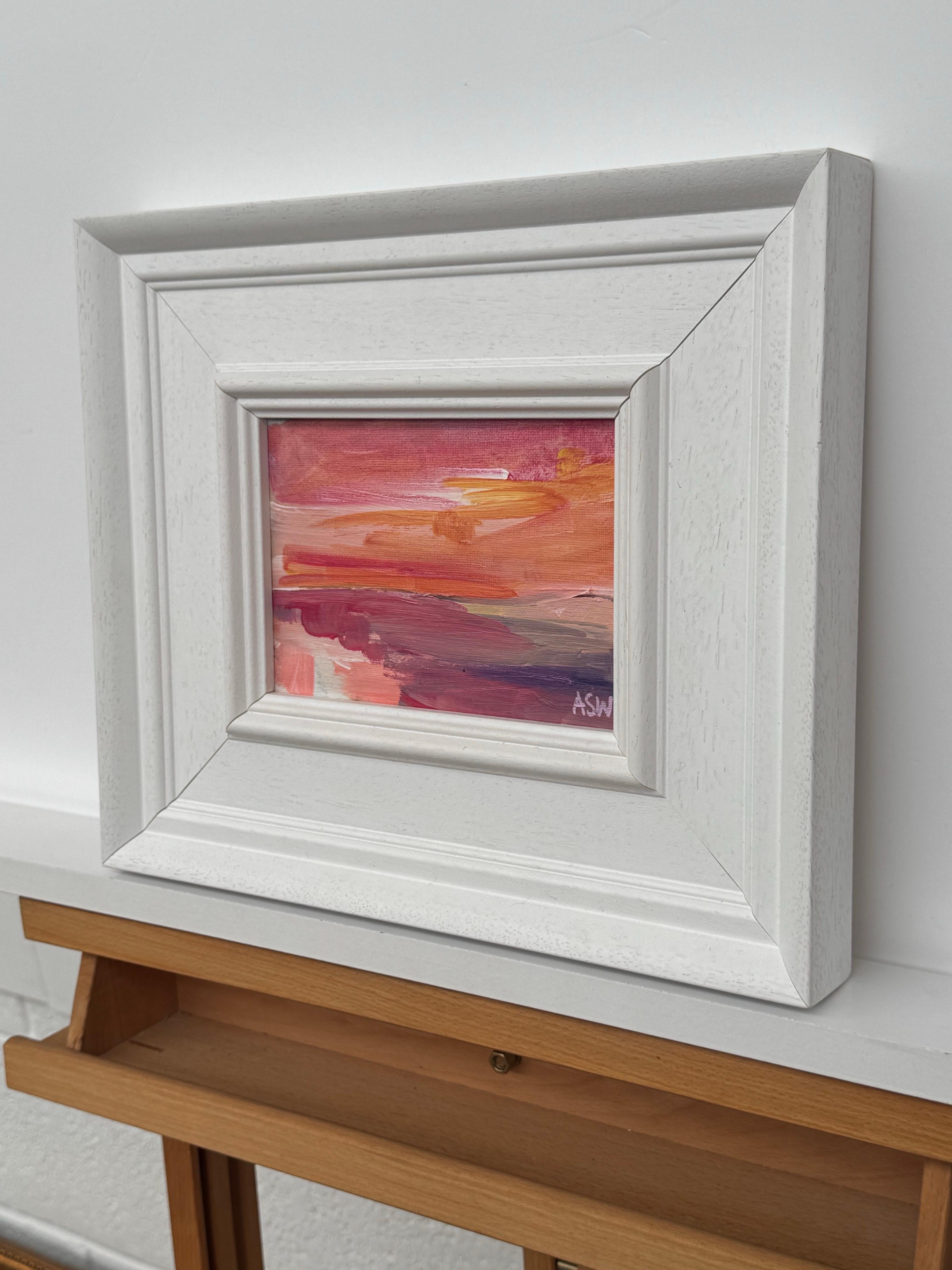 Sunset Study - Pink & Orange Miniature Abstract Landscape Art by British Artist - Gray Landscape Painting by Angela Wakefield