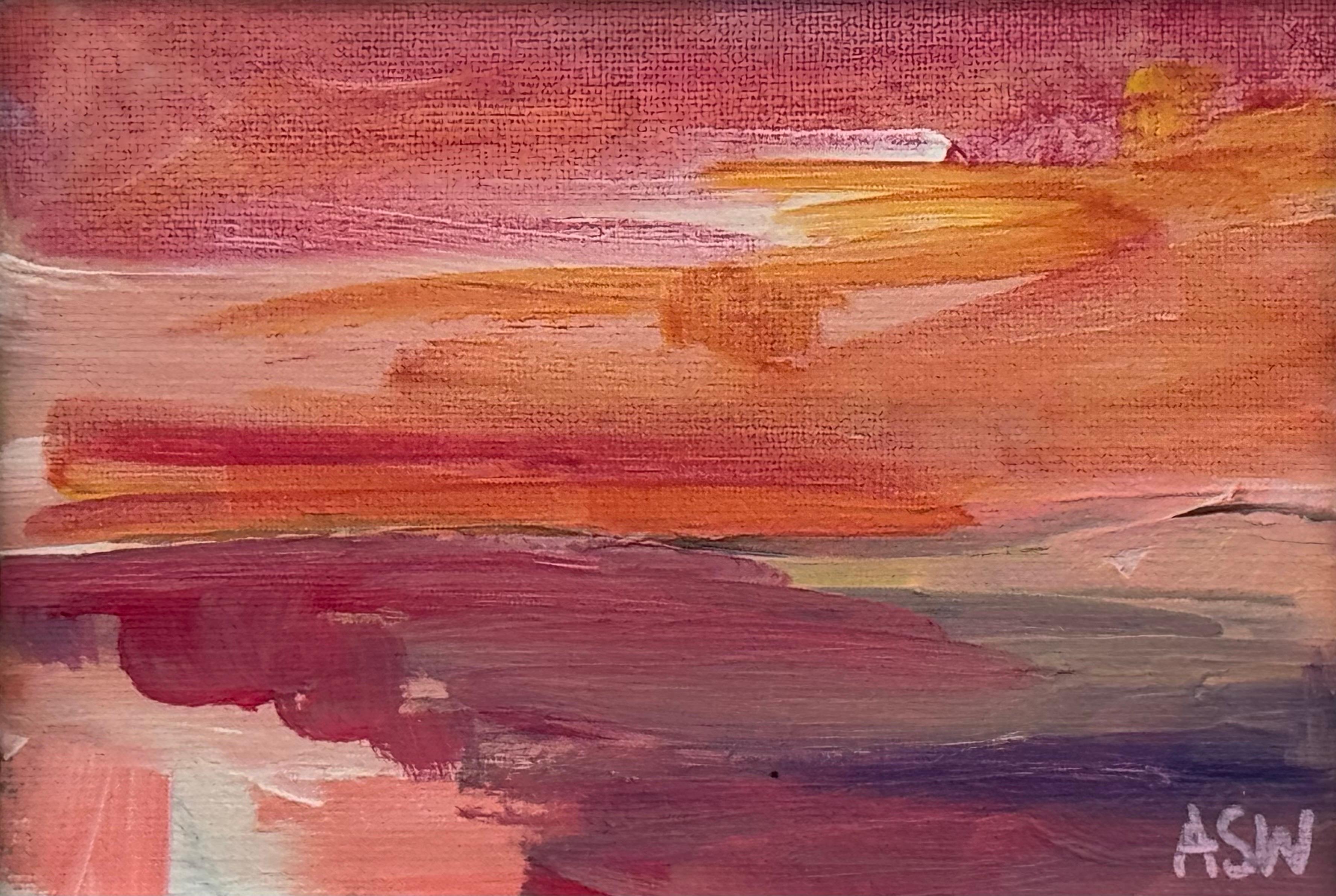 Sunset Study - Pink & Orange Miniature Abstract Landscape Art by British Artist For Sale 2