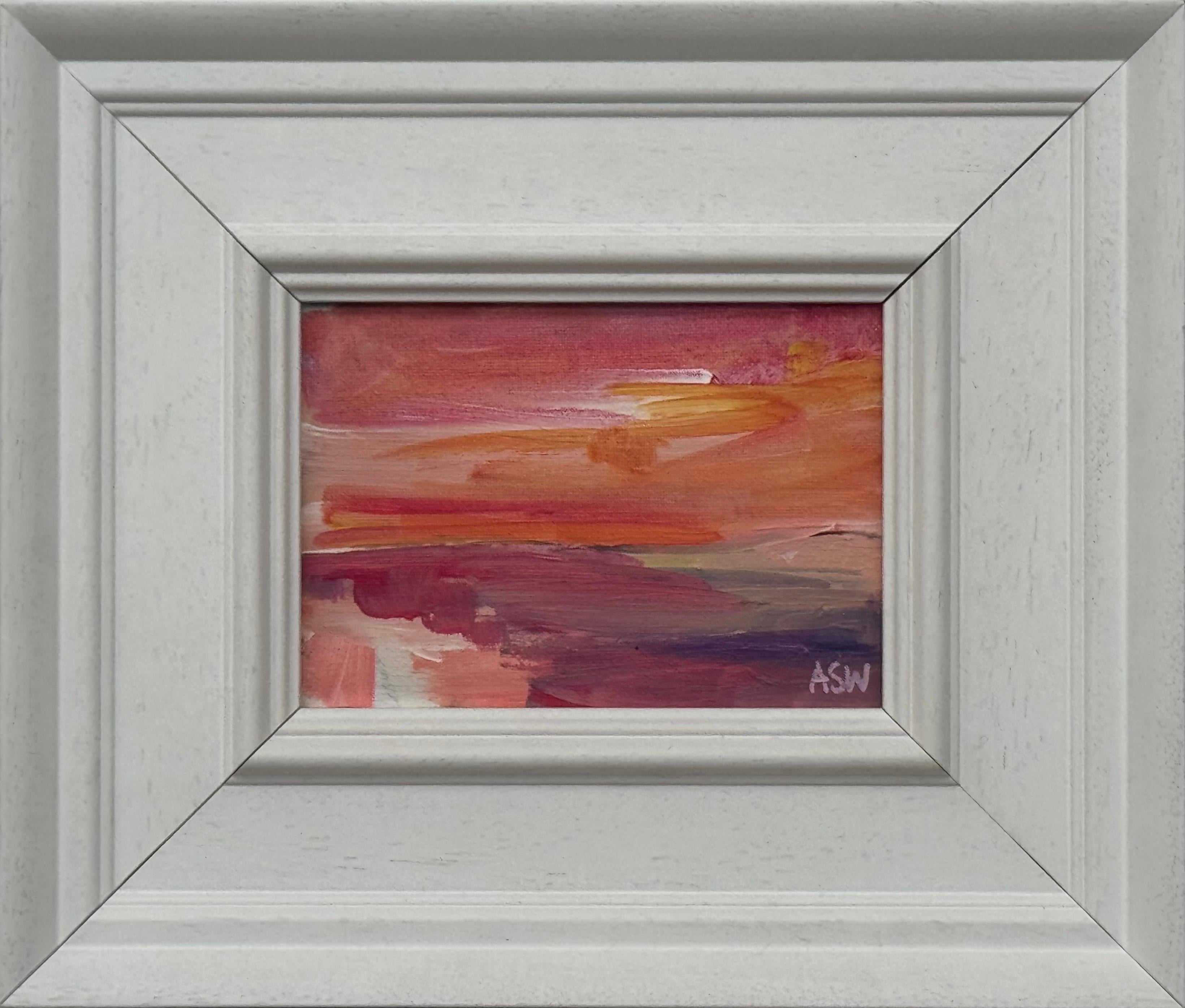 Angela Wakefield Landscape Painting - Sunset Study - Pink & Orange Miniature Abstract Landscape Art by British Artist