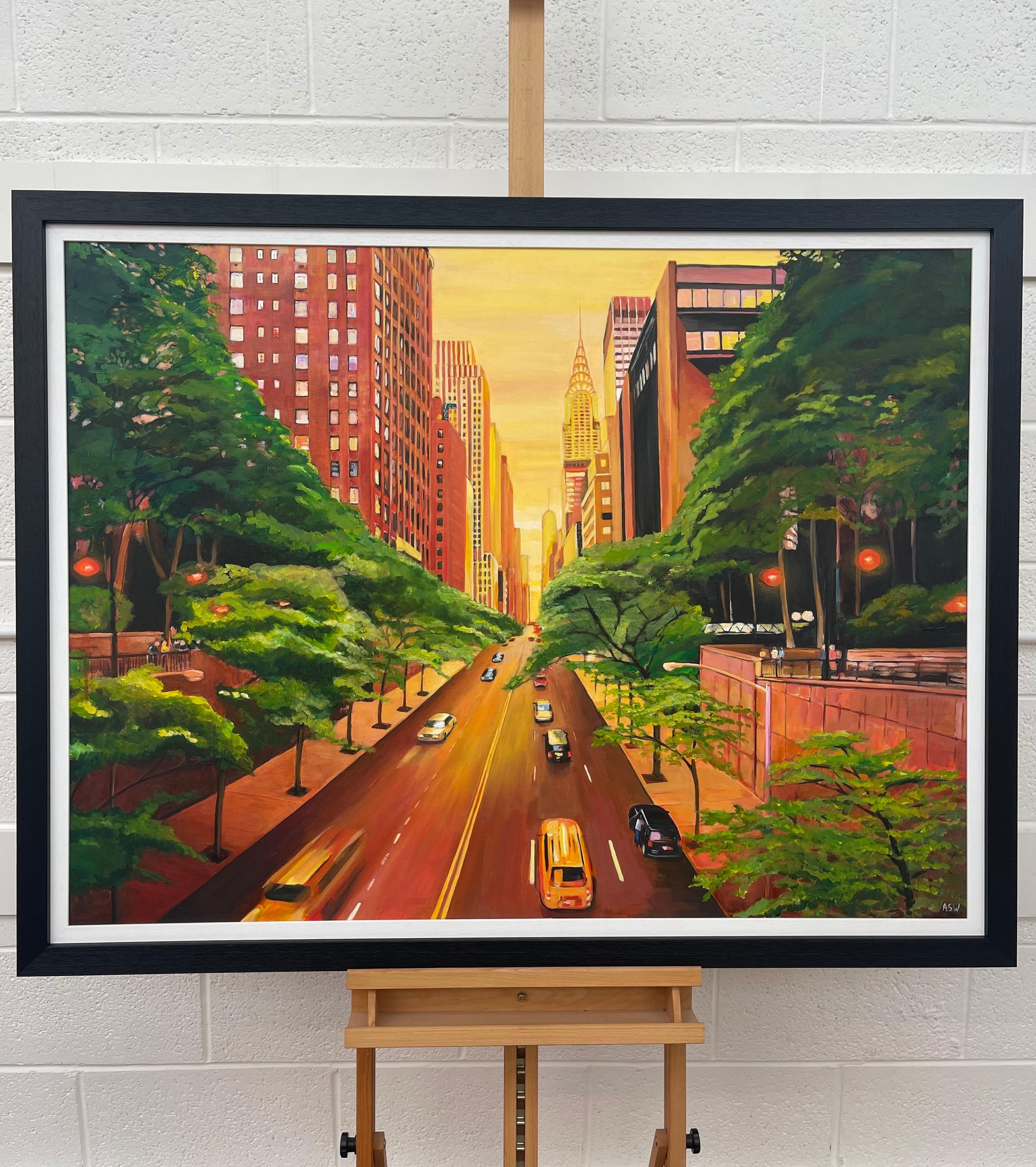 Original Painting of The Chrysler Building on 42nd Street New York City by Contemporary British Artist Angela Wakefield. The warm yellow colours used in the sky creates a vivid contrast with the lush greens in the foreground. The Manhattan