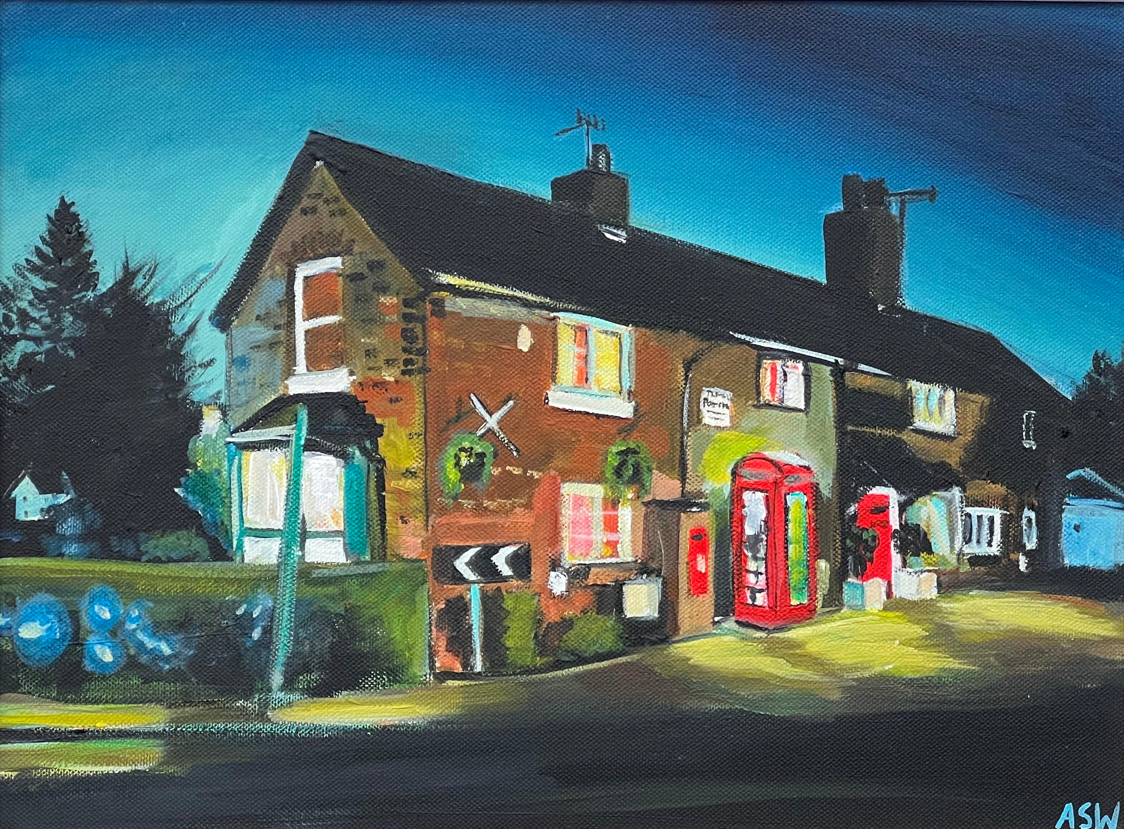 Thelwall Village Post Office with Vintage Red Telephone Box by British Artist - Painting by Angela Wakefield