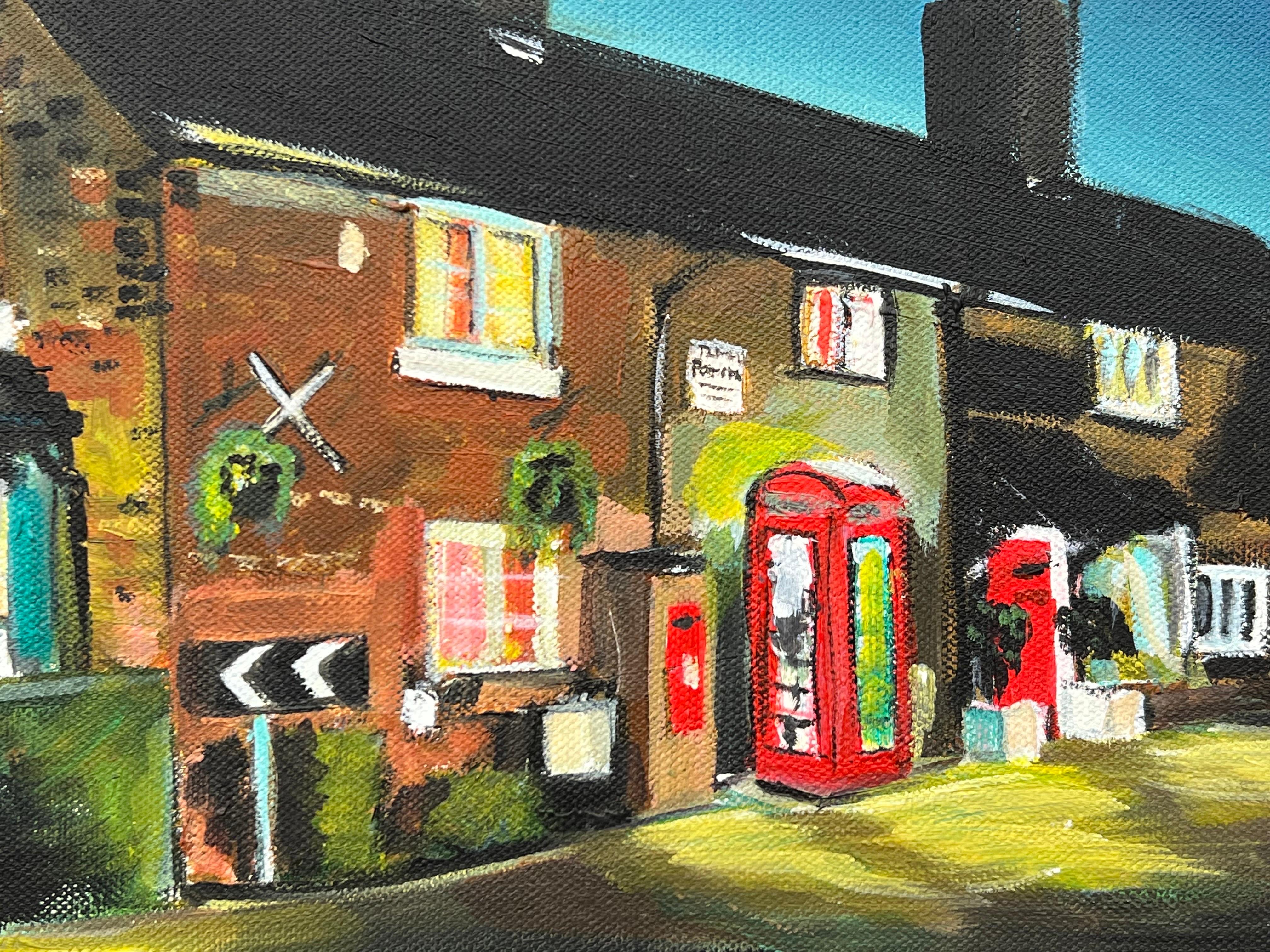 Thelwall Village Post Office with Vintage Red Telephone Box by British Artist For Sale 2