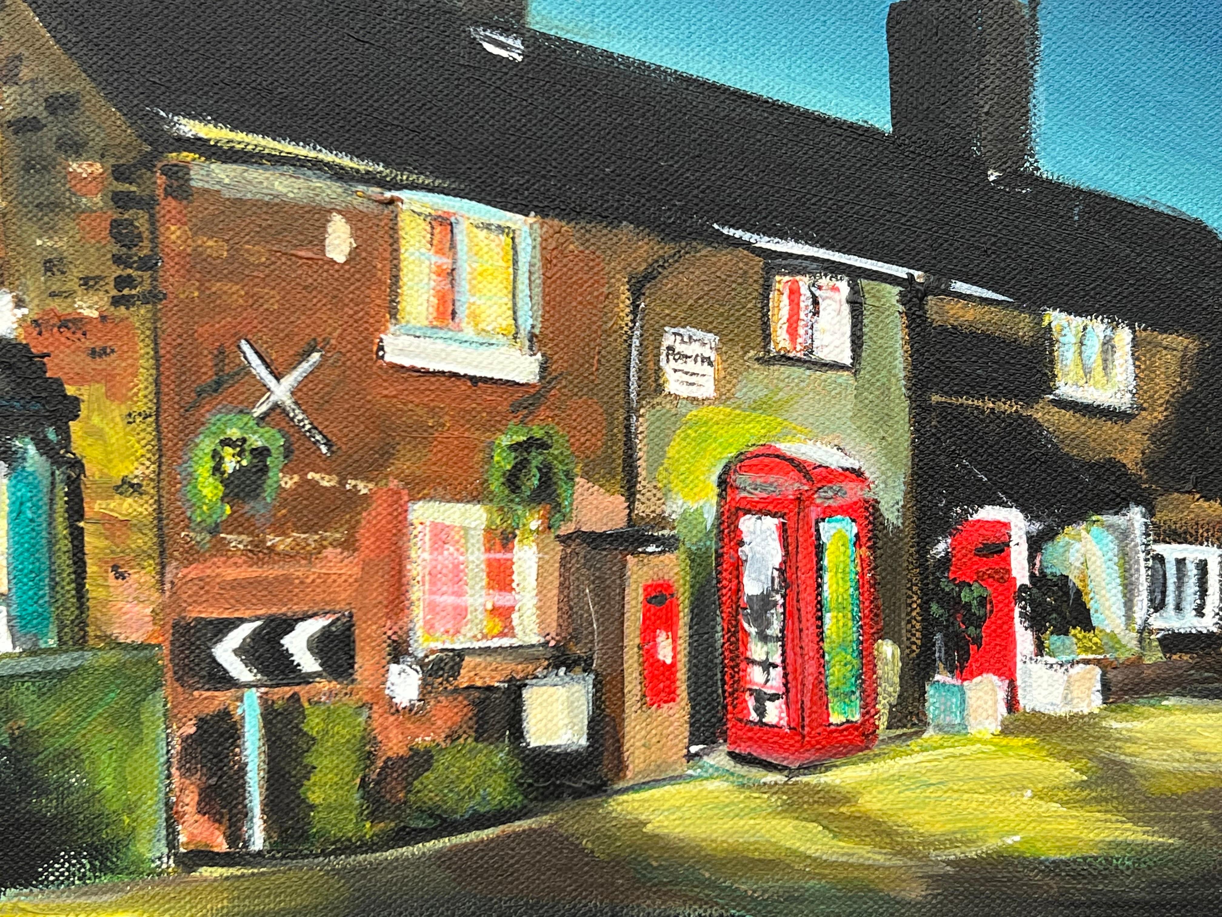 Thelwall Village Post Office with Vintage Red Telephone Box by British Artist For Sale 1