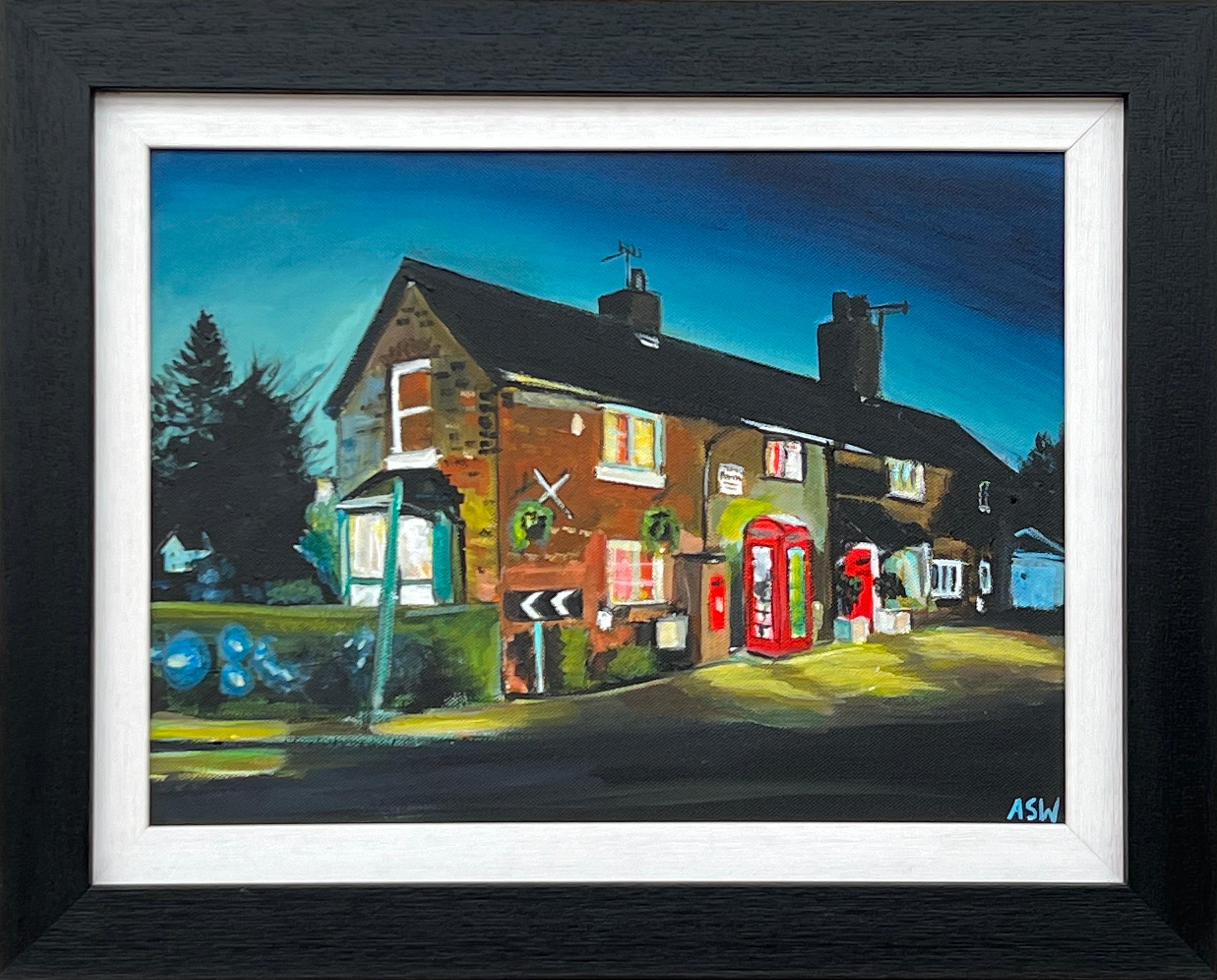 Angela Wakefield Figurative Painting - Thelwall Village Post Office with Vintage Red Telephone Box by British Artist