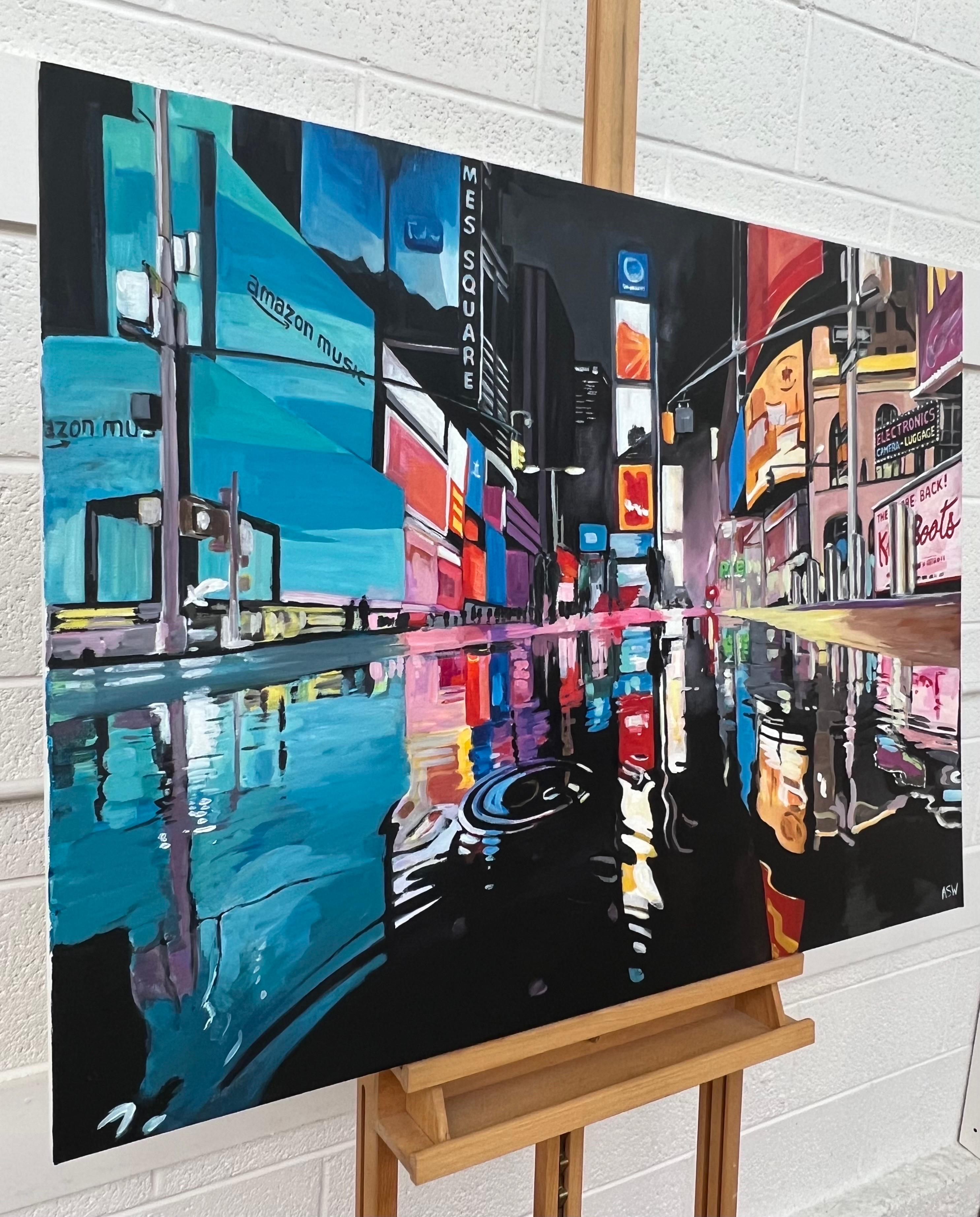 Times Square New York City Reflections after the Rain by British Urban Artist - Painting by Angela Wakefield
