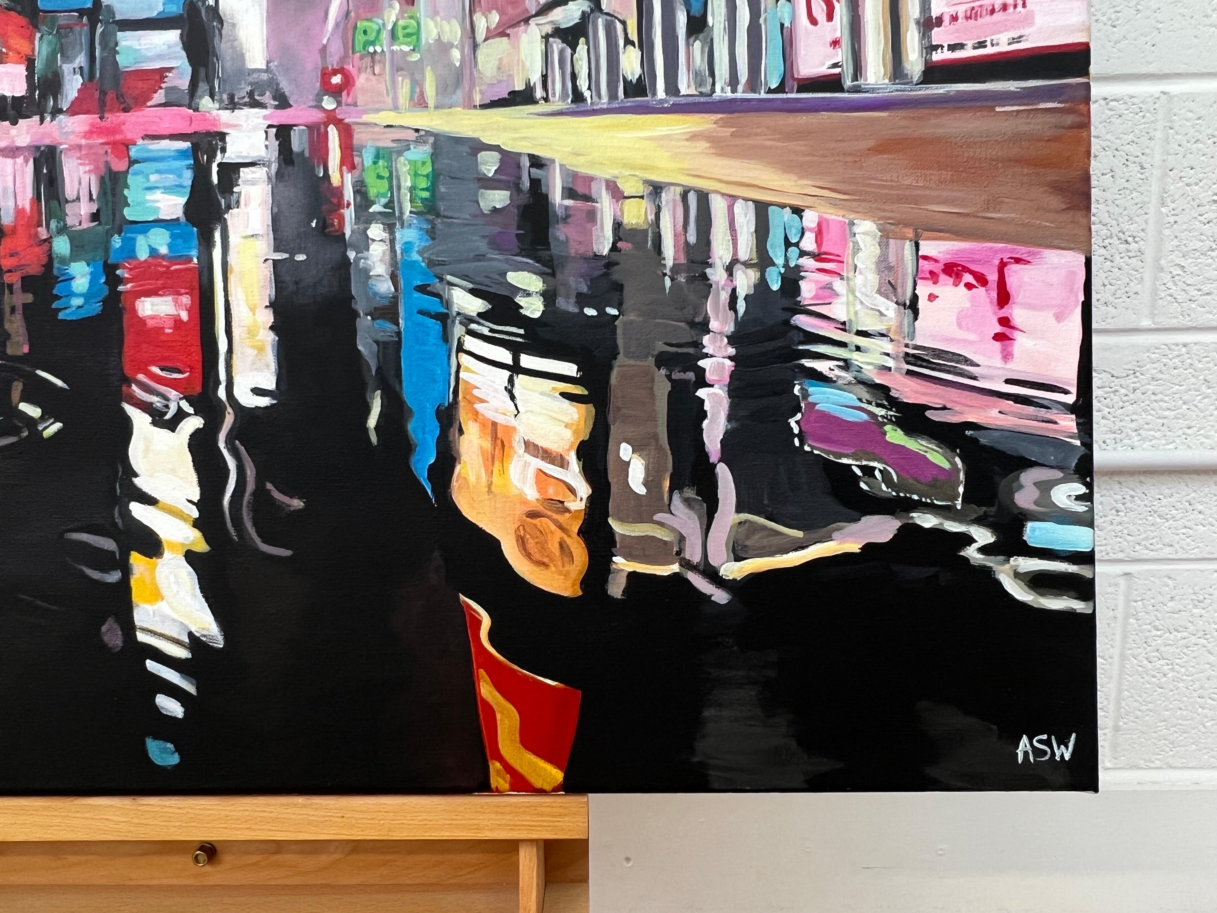 Times Square New York City Reflections after the Rain by British Urban Artist - Contemporary Painting by Angela Wakefield