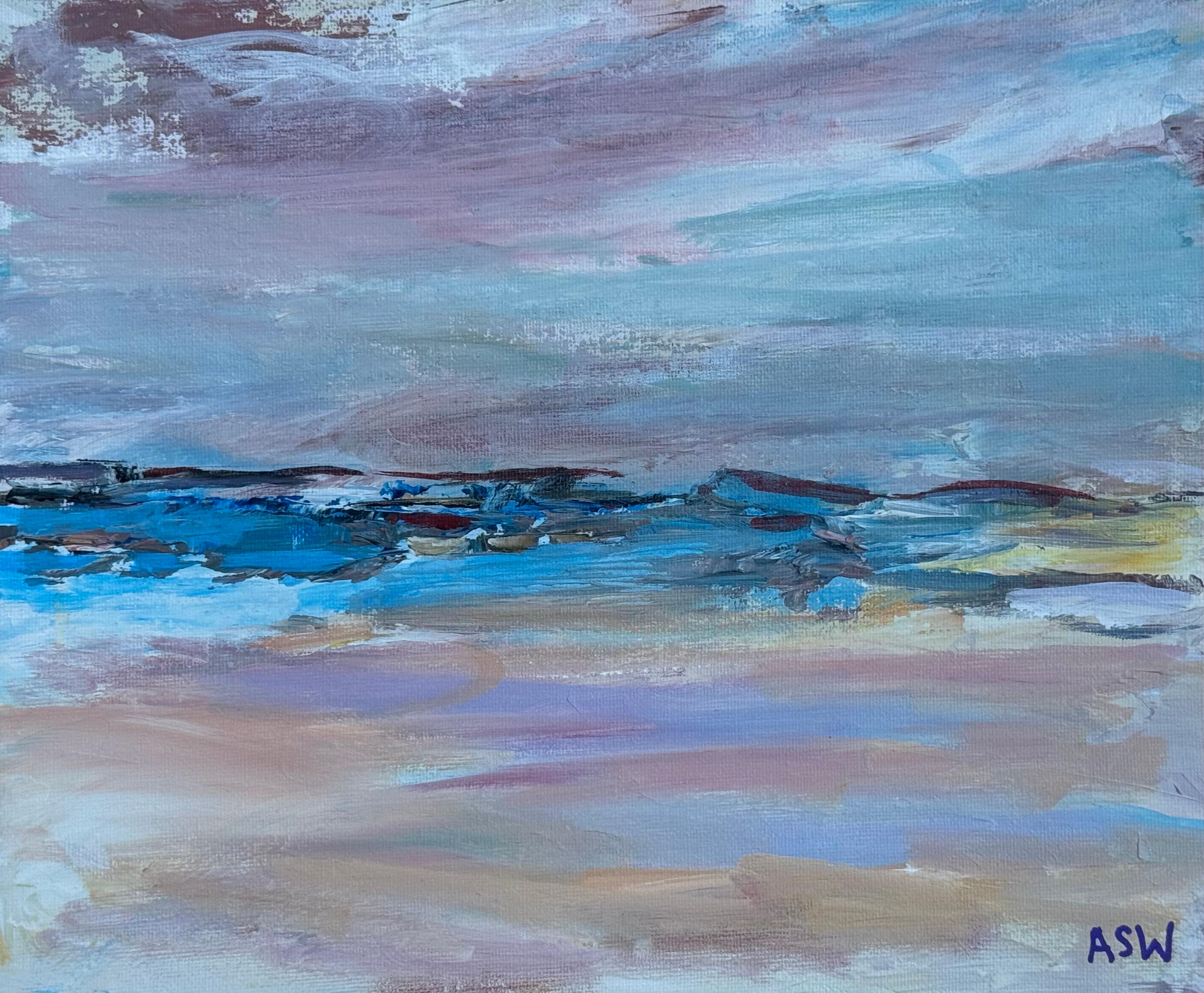 Mareas Tranquilas - Pasteles suaves y azules crean un paisaje marino tranquilo y atmosférico - Painting Contemporáneo de Angela Wakefield