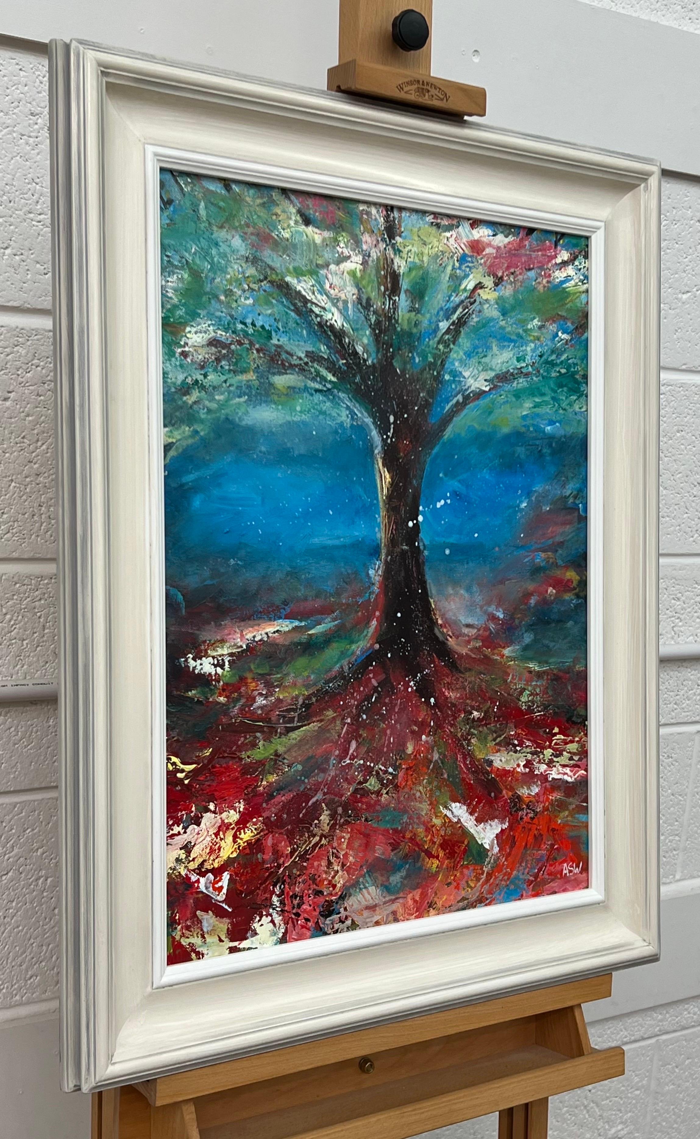 Tree with Red Pink White & Blue Abstract Background by British Landscape Artist - Painting by Angela Wakefield