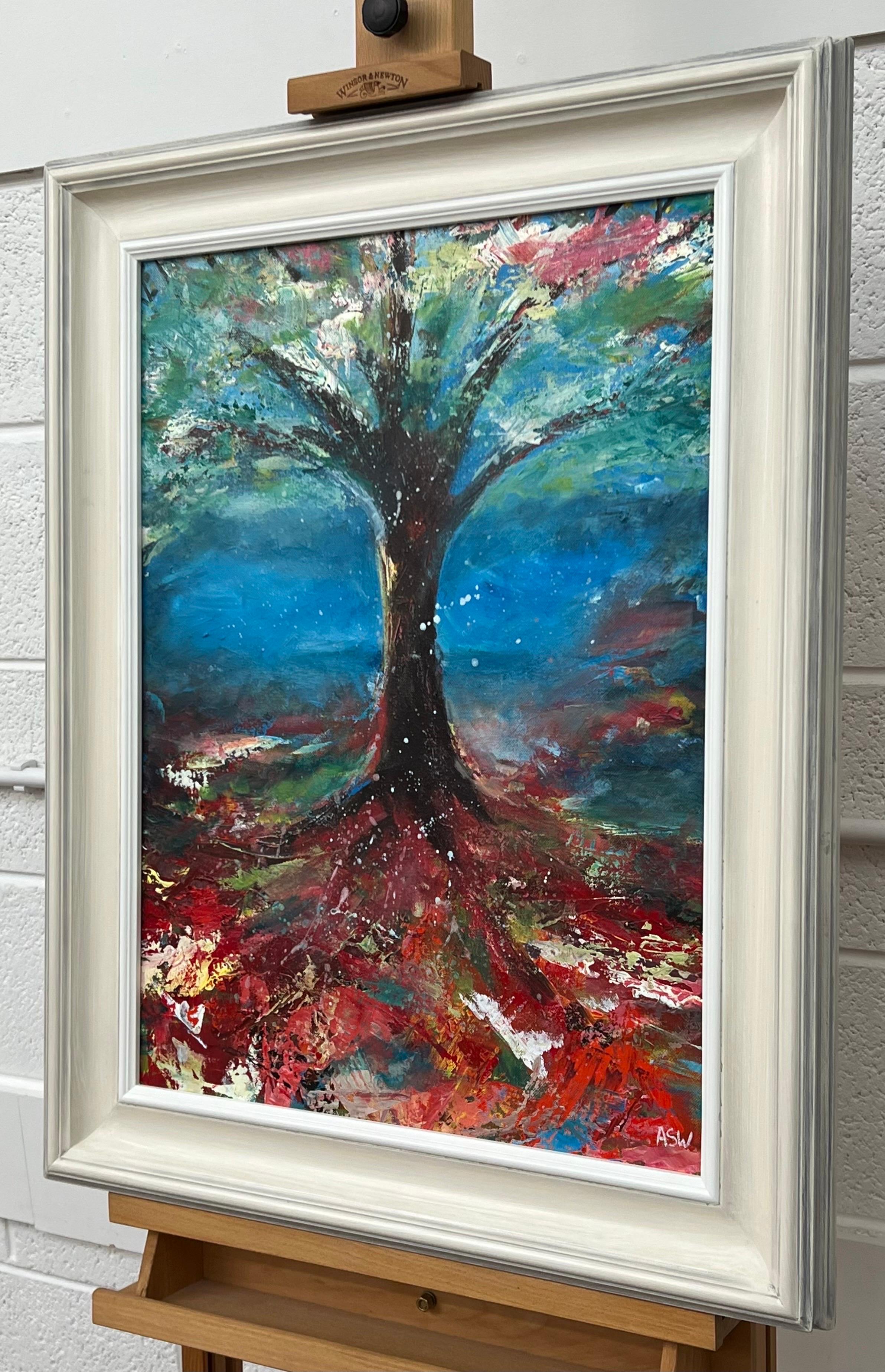 Tree avec fond abstrait rouge, rose, blanc et bleu par l'artiste paysagiste britannique - Impressionnisme abstrait Painting par Angela Wakefield