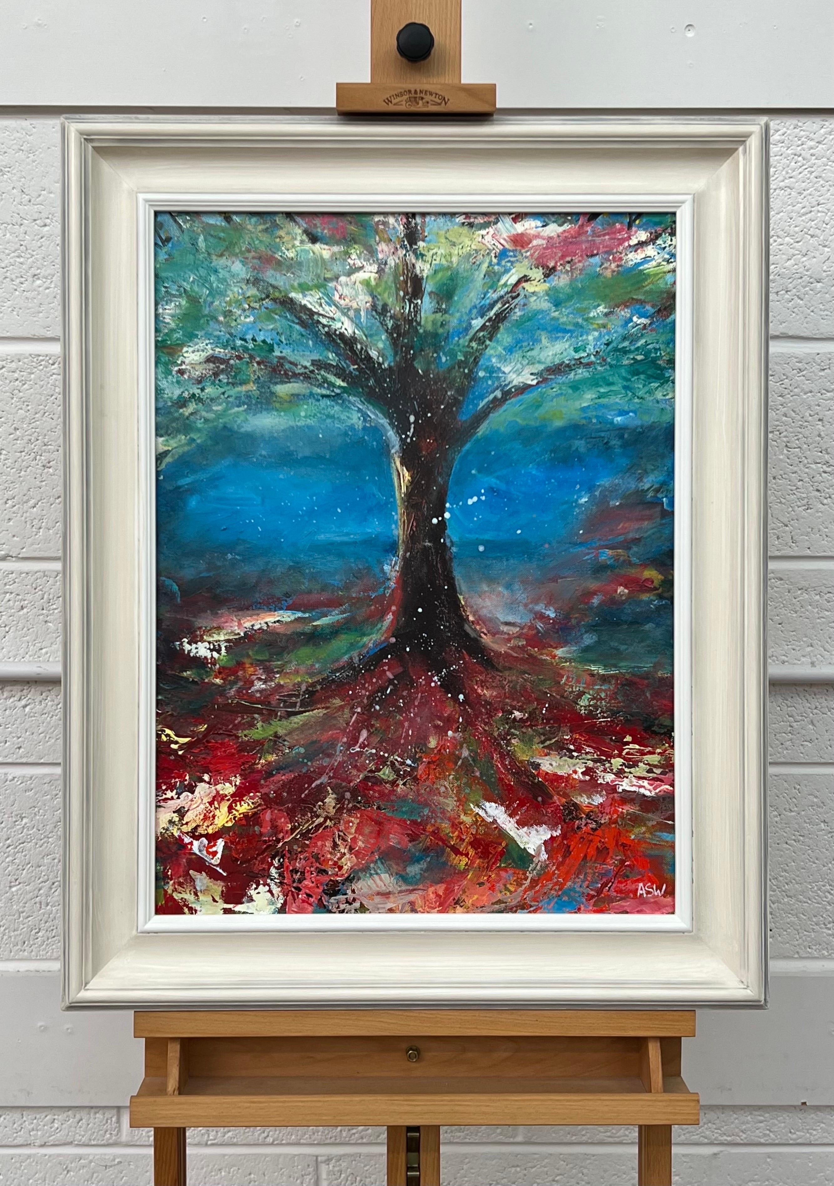 Tree with Red, Pink, White & Blue Abstract Forest Background by British Landscape Artist, Angela Wakefield. From the 'Spring Burst' Interior Design Series. Framed in a high quality contemporary off-white wooden moulding. 

Art measures 24 x 18