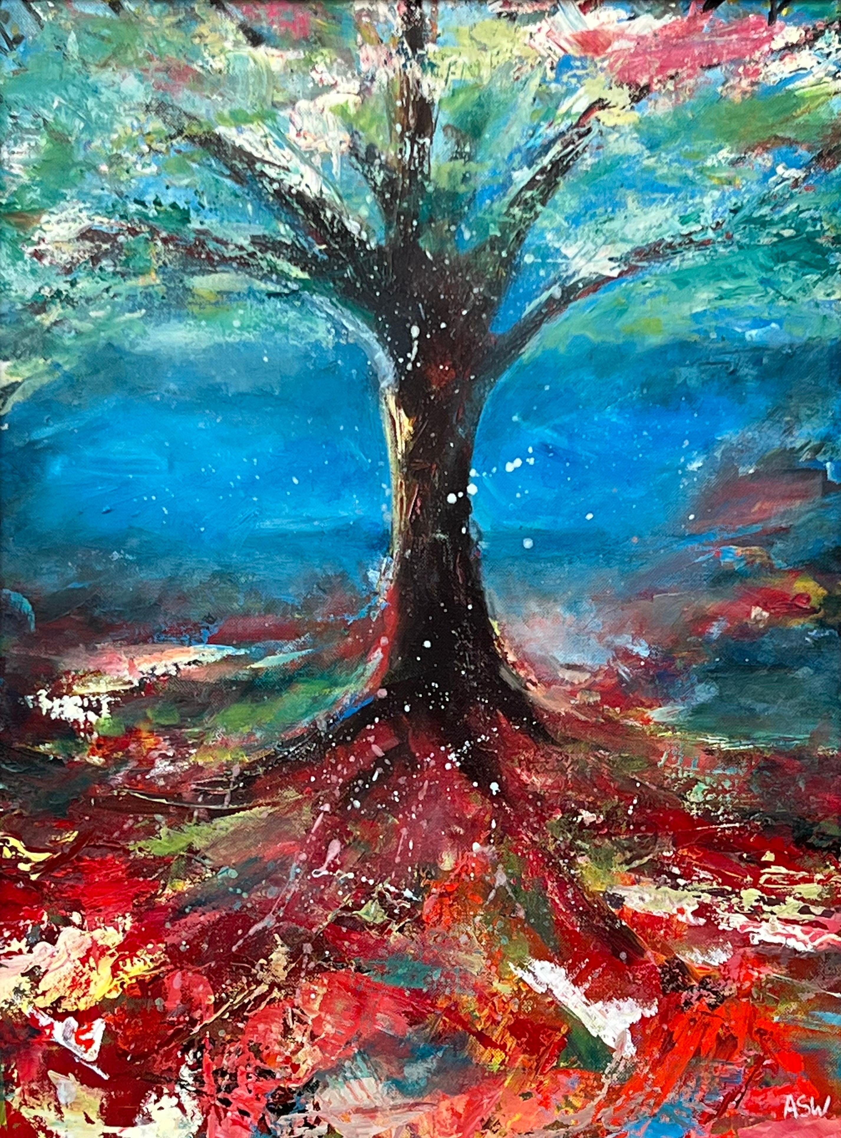 Tree with Red Pink White & Blue Abstract Background by British Landscape Artist For Sale 1