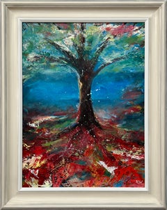 Tree with Red Pink White & Blue Abstract Background by British Landscape Artist