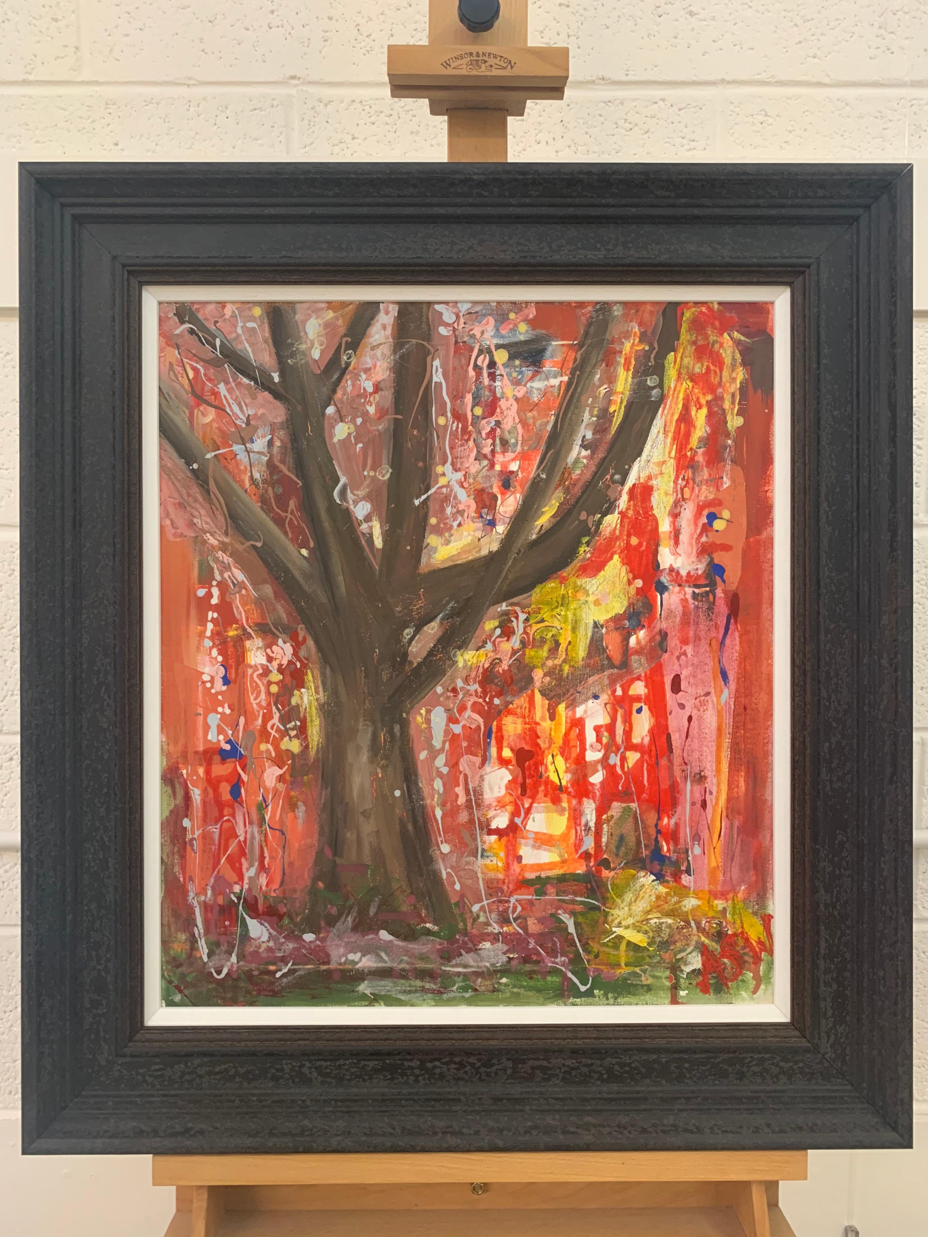 Tree with Red Pink & Yellow Abstract Background by British Landscape Artist - Abstract Impressionist Painting by Angela Wakefield