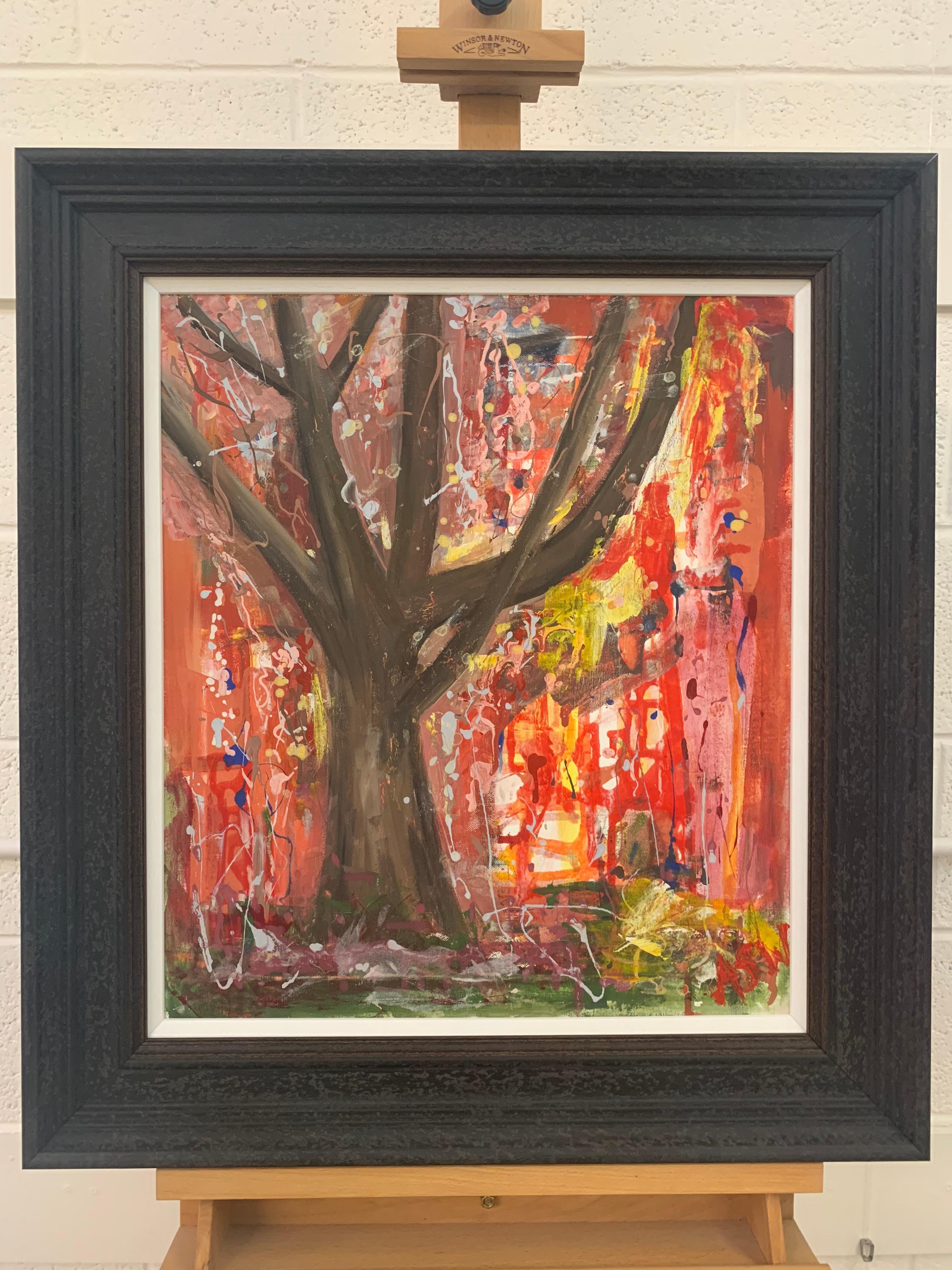 Tree with Red Pink & Yellow Abstract Background by British Landscape Artist 3