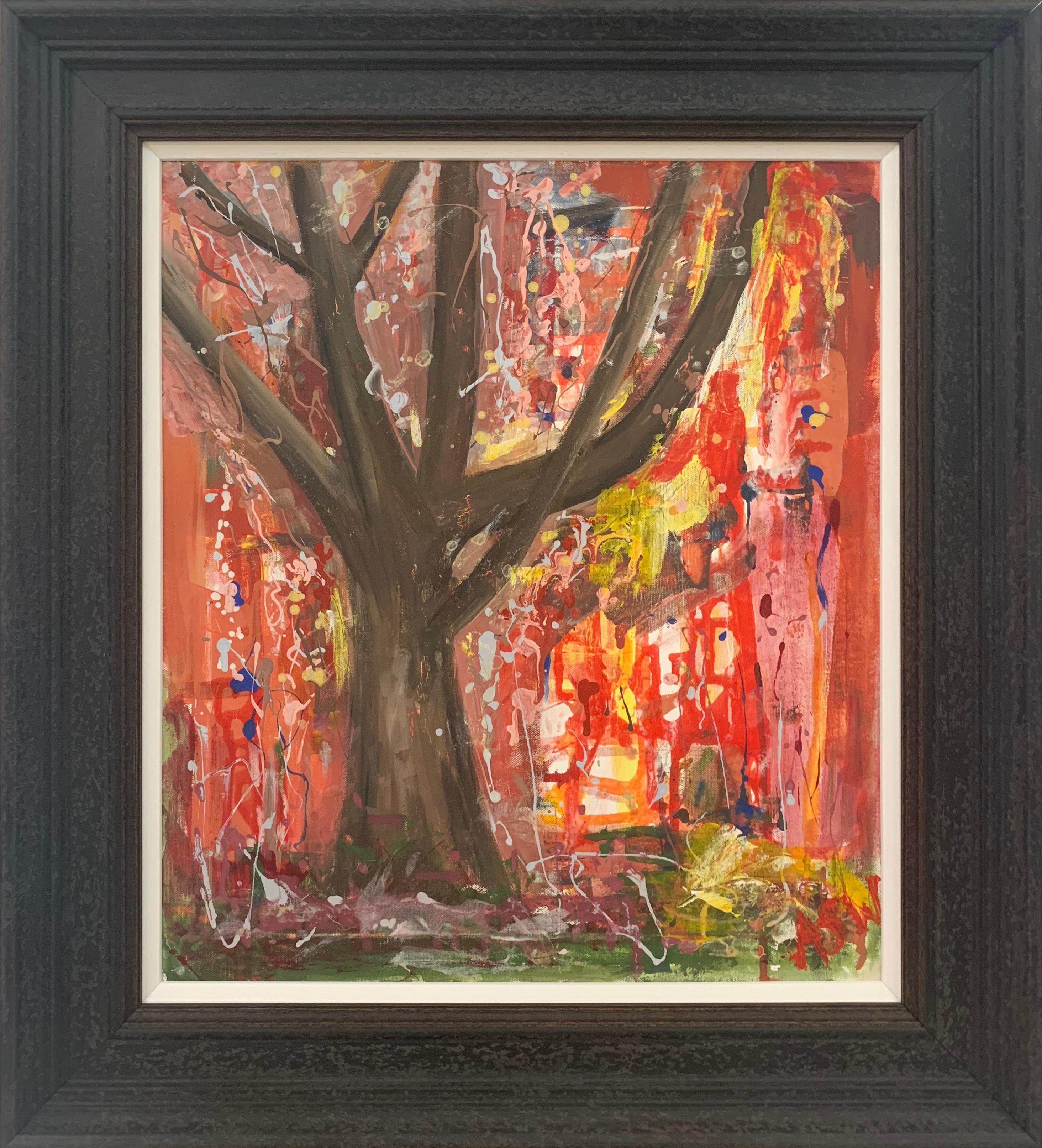 Angela Wakefield Abstract Painting - Tree with Red Pink & Yellow Abstract Background by British Landscape Artist