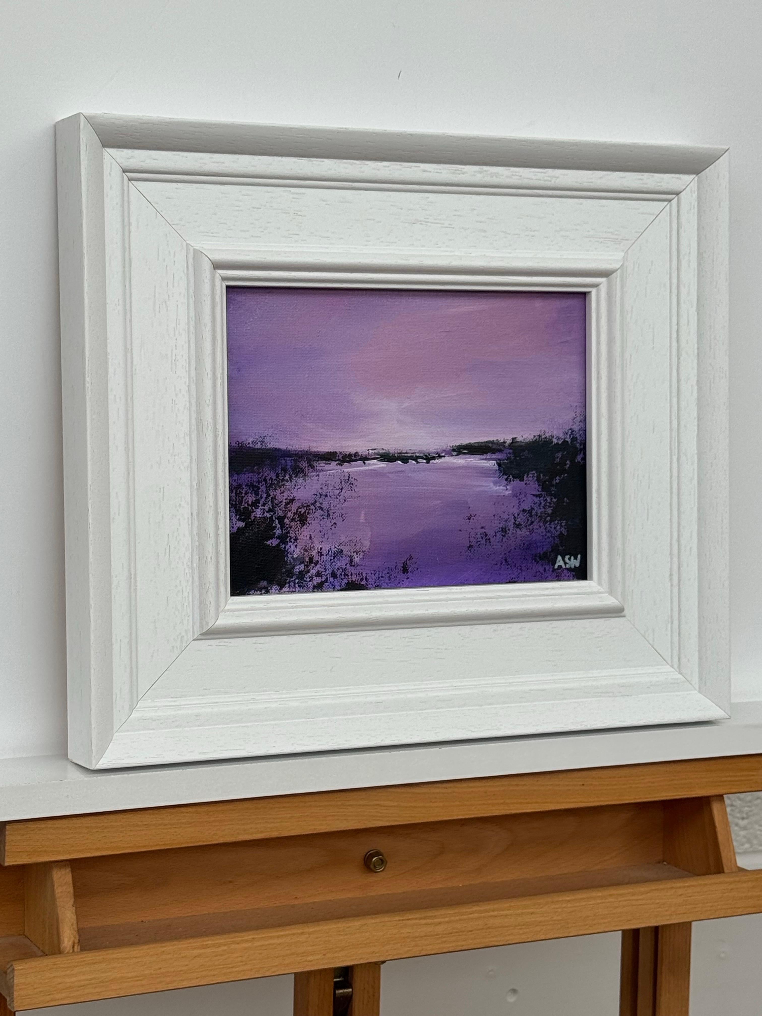 Twilight over Water - Miniature Art in Lavender by Contemporary British Artist - Painting by Angela Wakefield