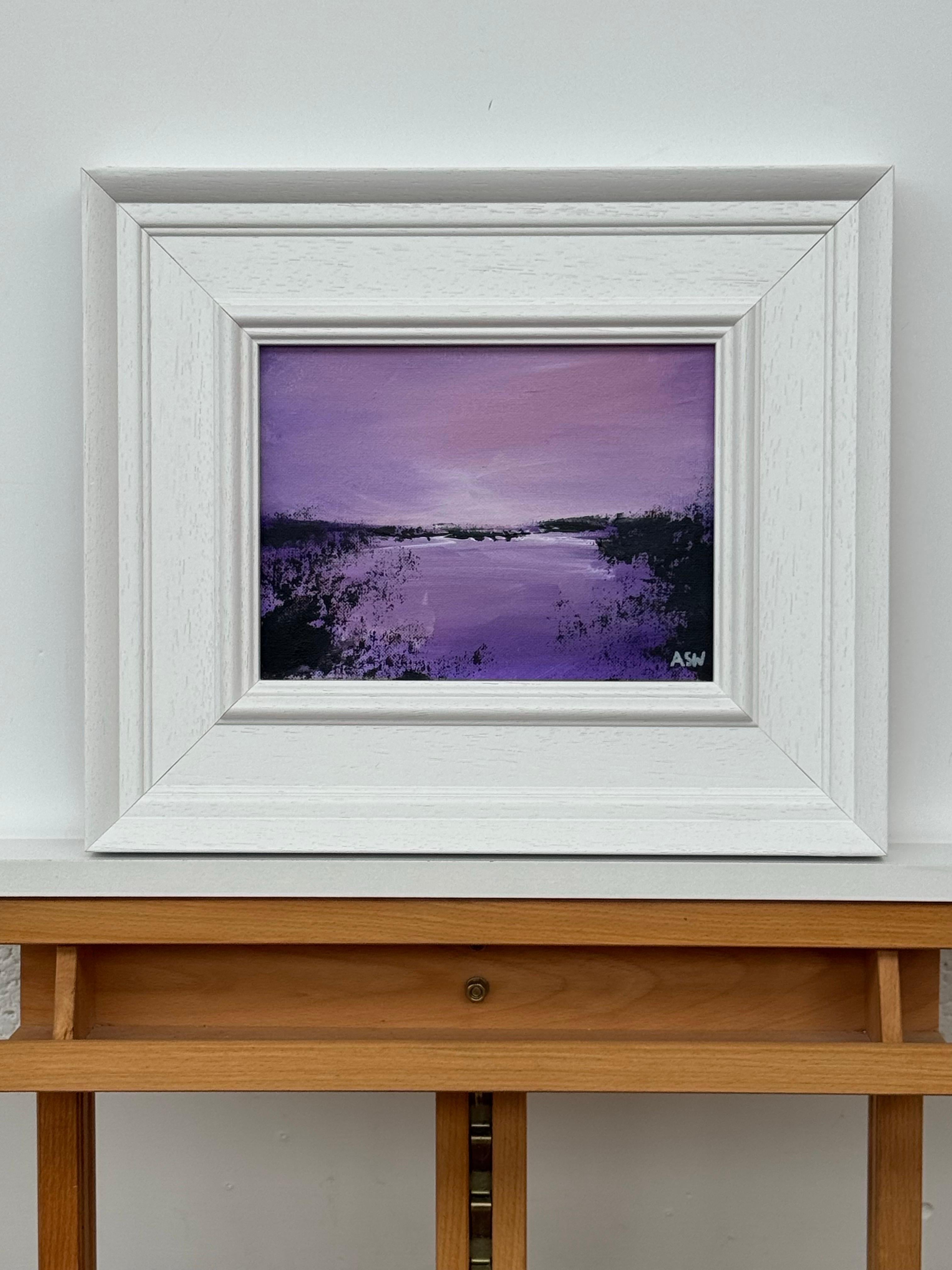 Twilight over Water - Miniature Art in Lavender by Contemporary British Artist - Gray Abstract Painting by Angela Wakefield
