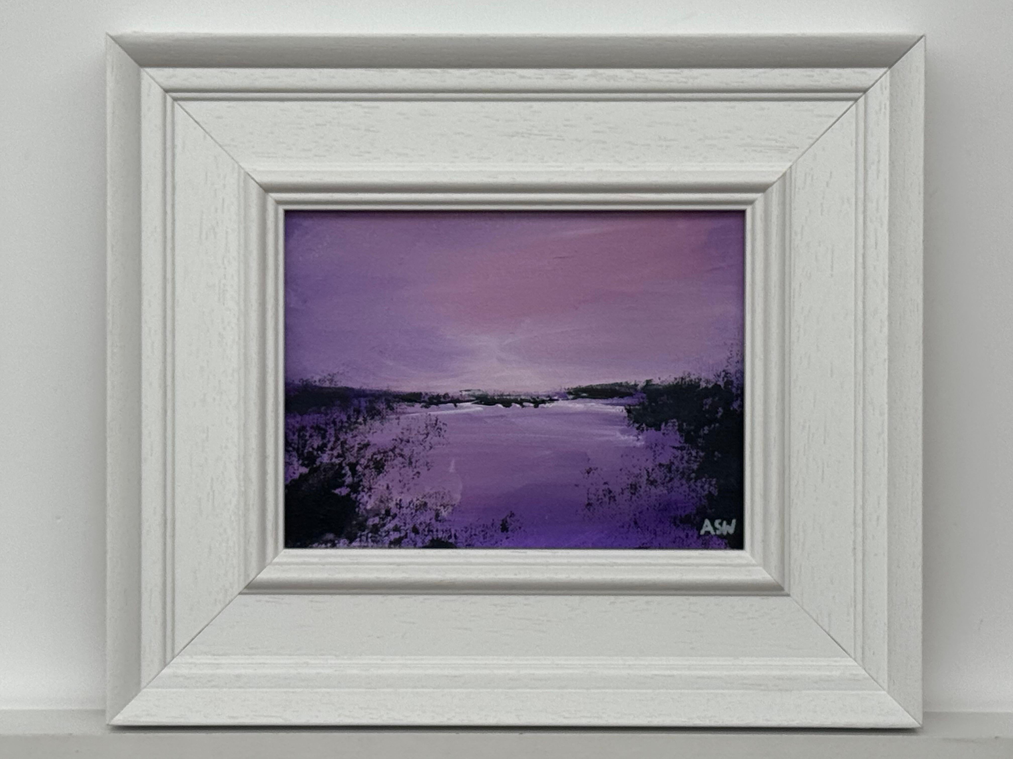Twilight over Water - Miniature Art in Lavender by Contemporary British Artist For Sale 3