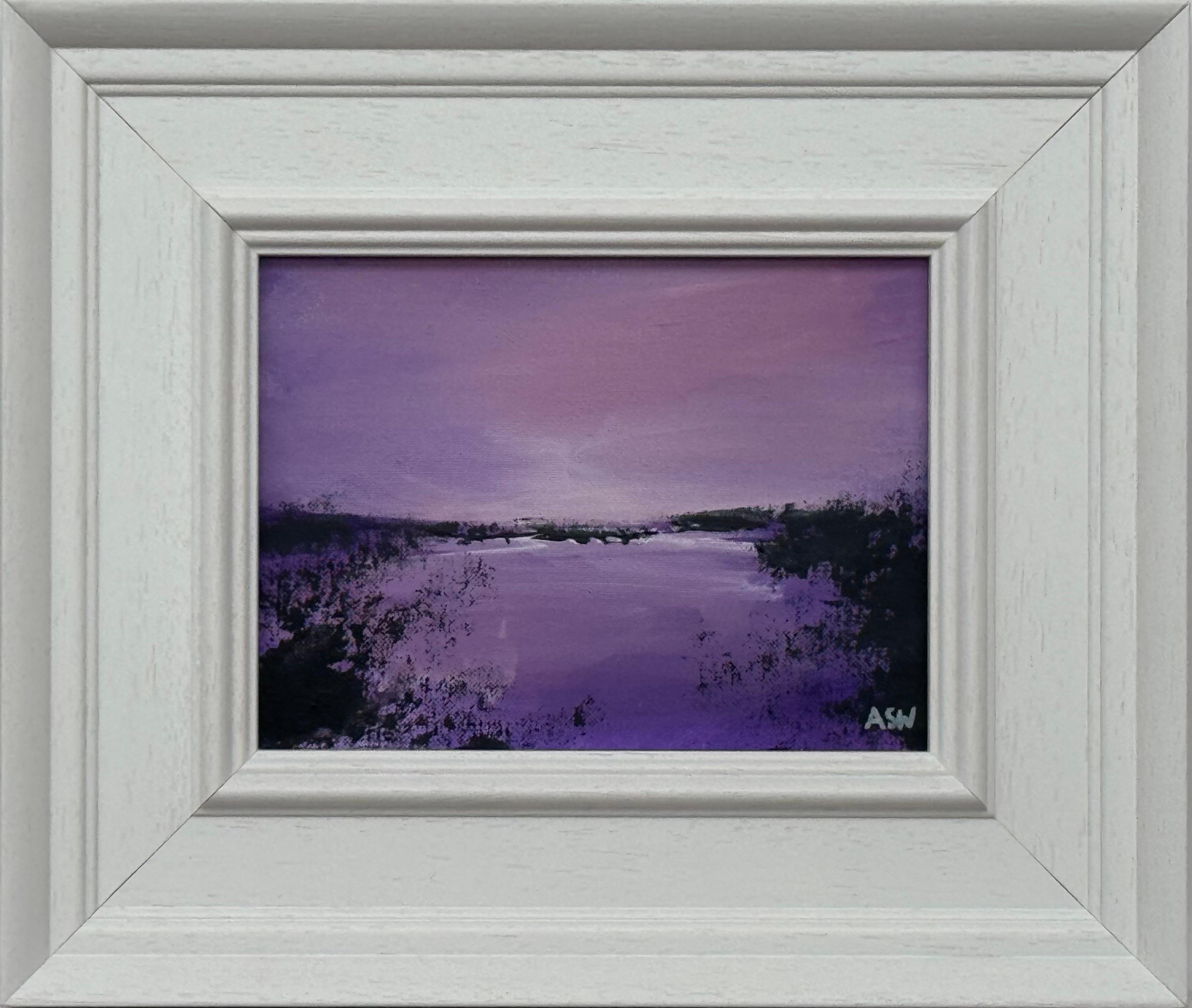 Angela Wakefield Abstract Painting - Twilight over Water - Miniature Art in Lavender by Contemporary British Artist