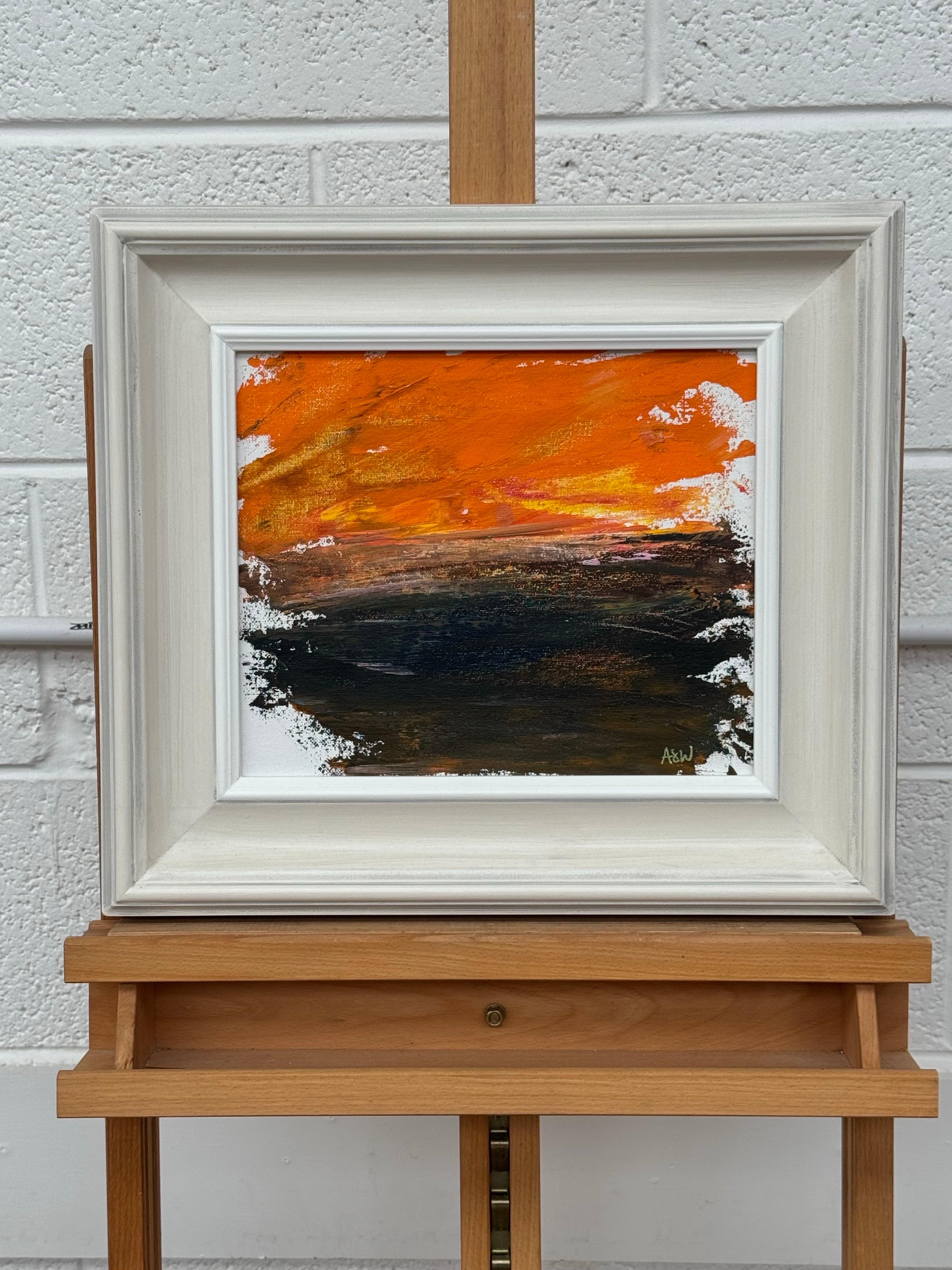 Unique Original Abstract Landscape Study with Orange & Black & Exposed Canvas - Contemporary Painting by Angela Wakefield