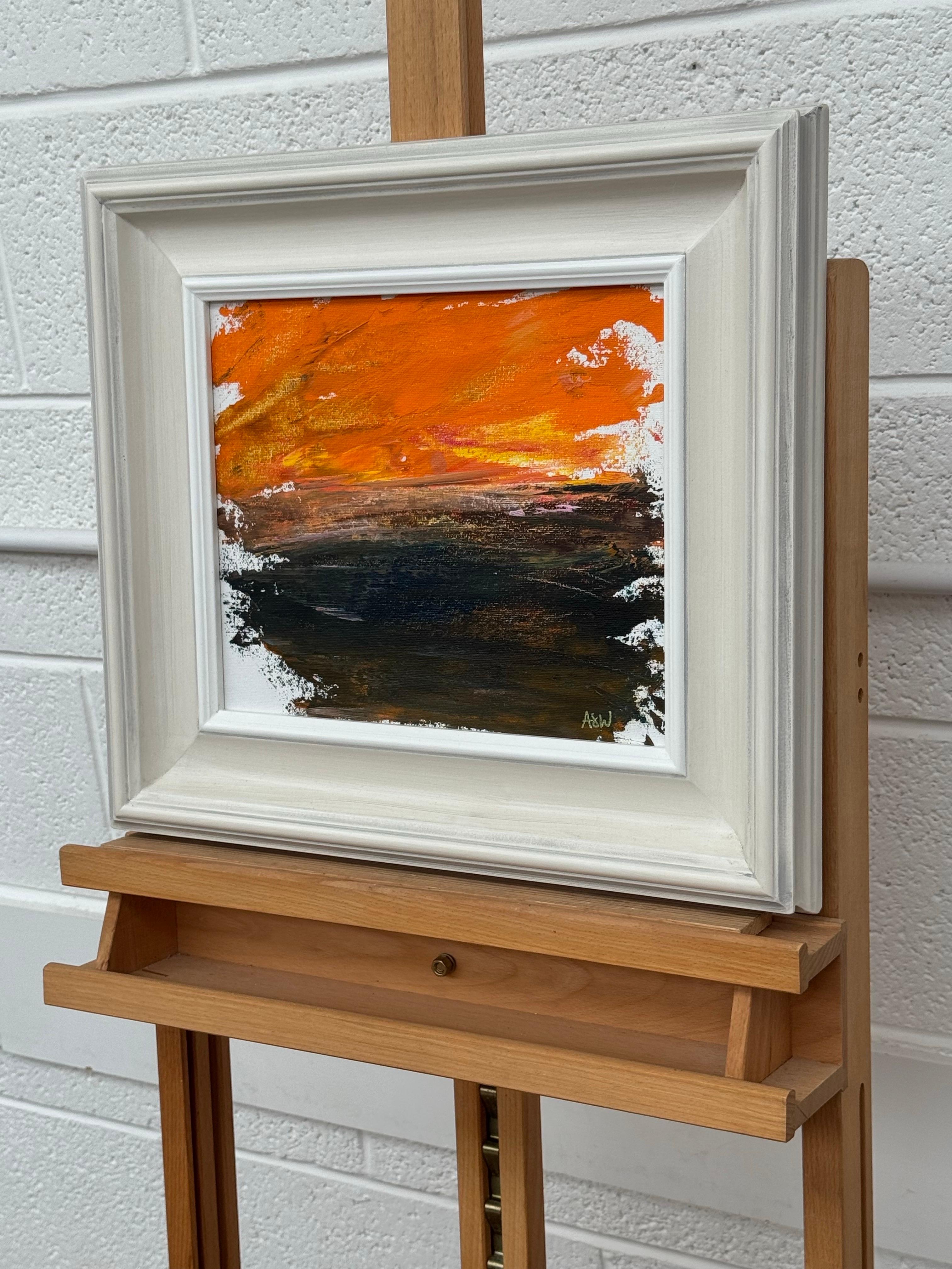 Unique Original Abstract Landscape Study with Orange & Black & Exposed Canvas - Brown Abstract Painting by Angela Wakefield