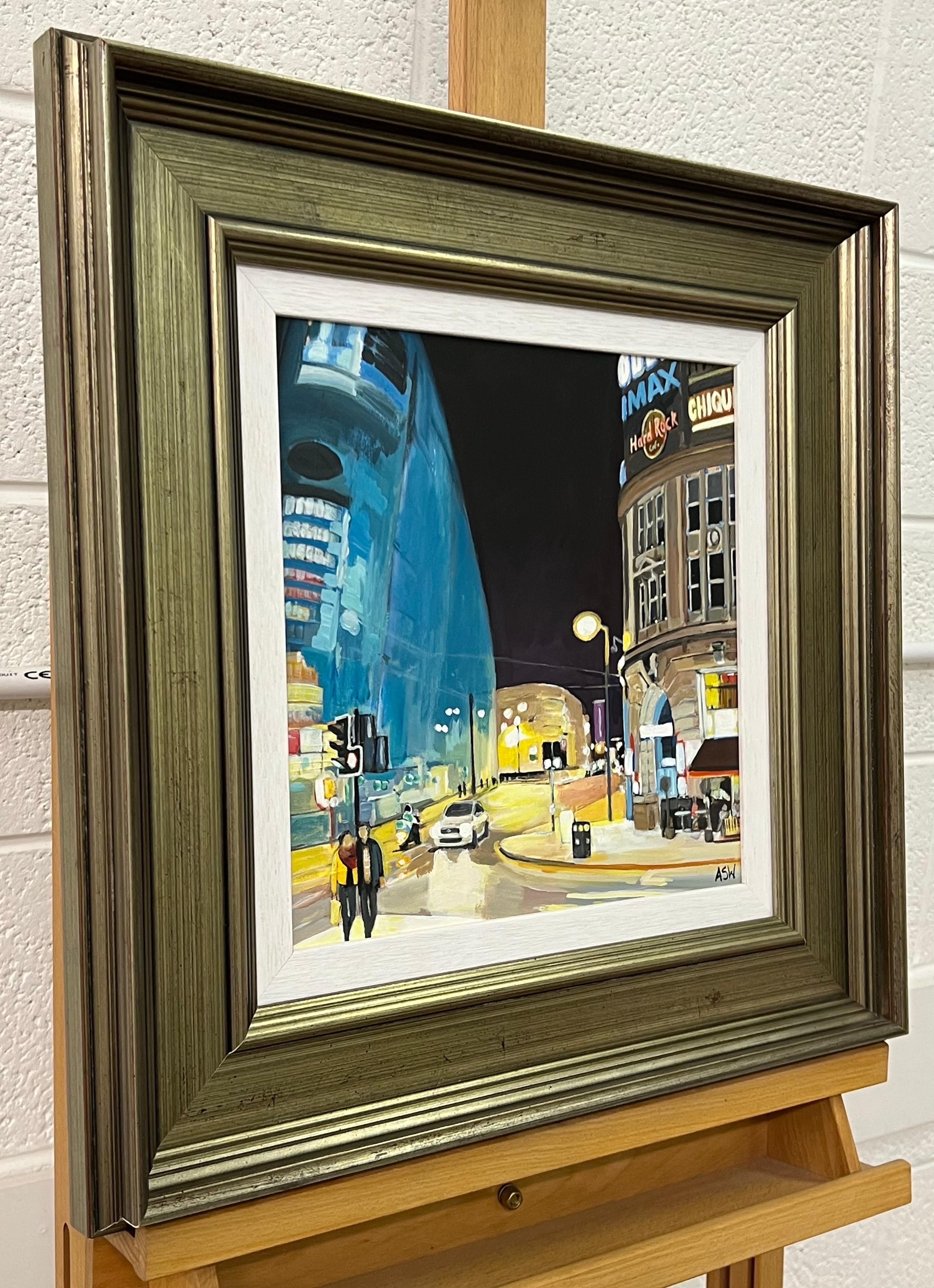 Urbis at Night in Manchester City by Contemporary British Urban Landscape Artist - Painting by Angela Wakefield