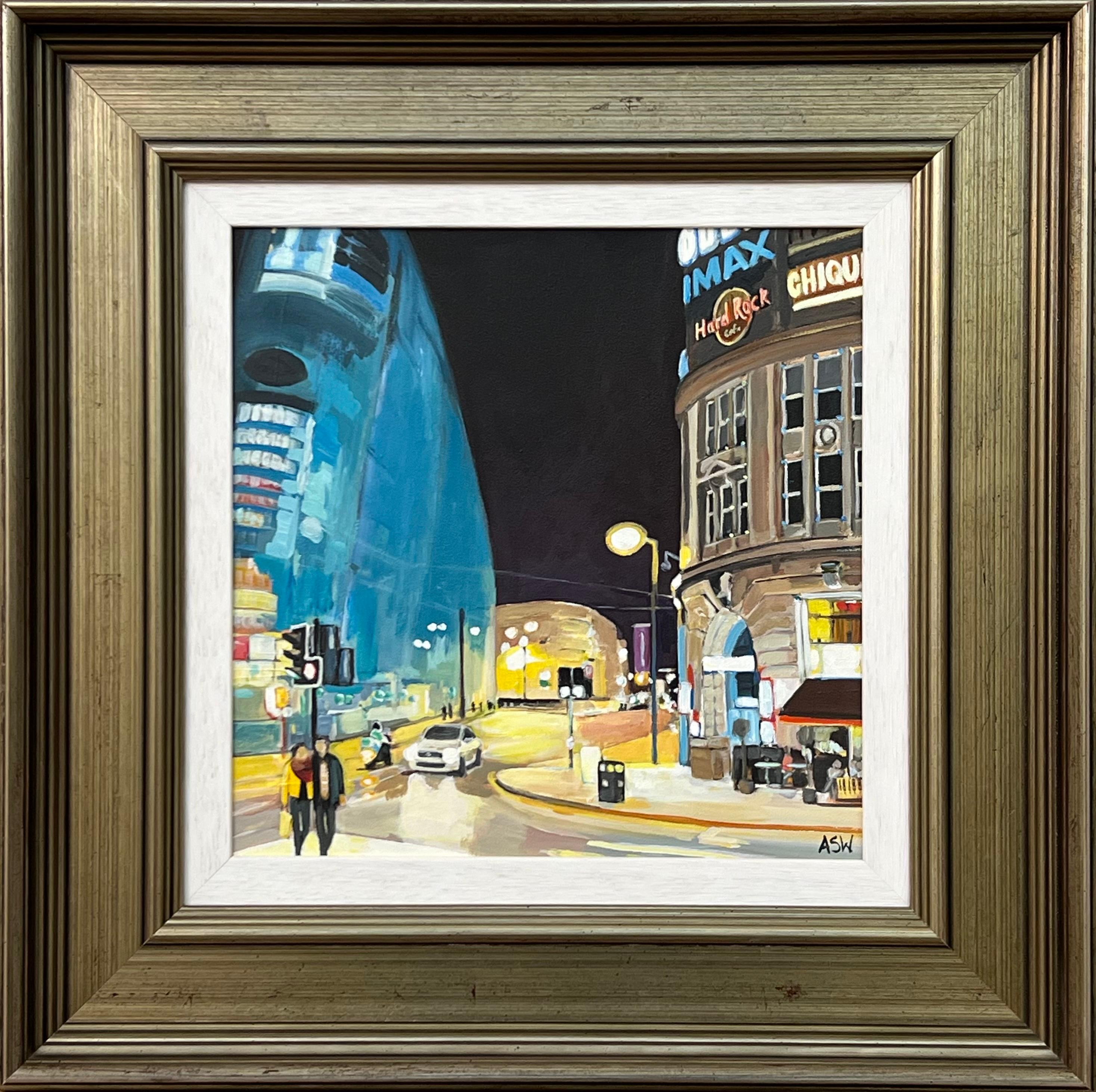 Angela Wakefield Landscape Painting - Urbis at Night in Manchester City by Contemporary British Urban Landscape Artist