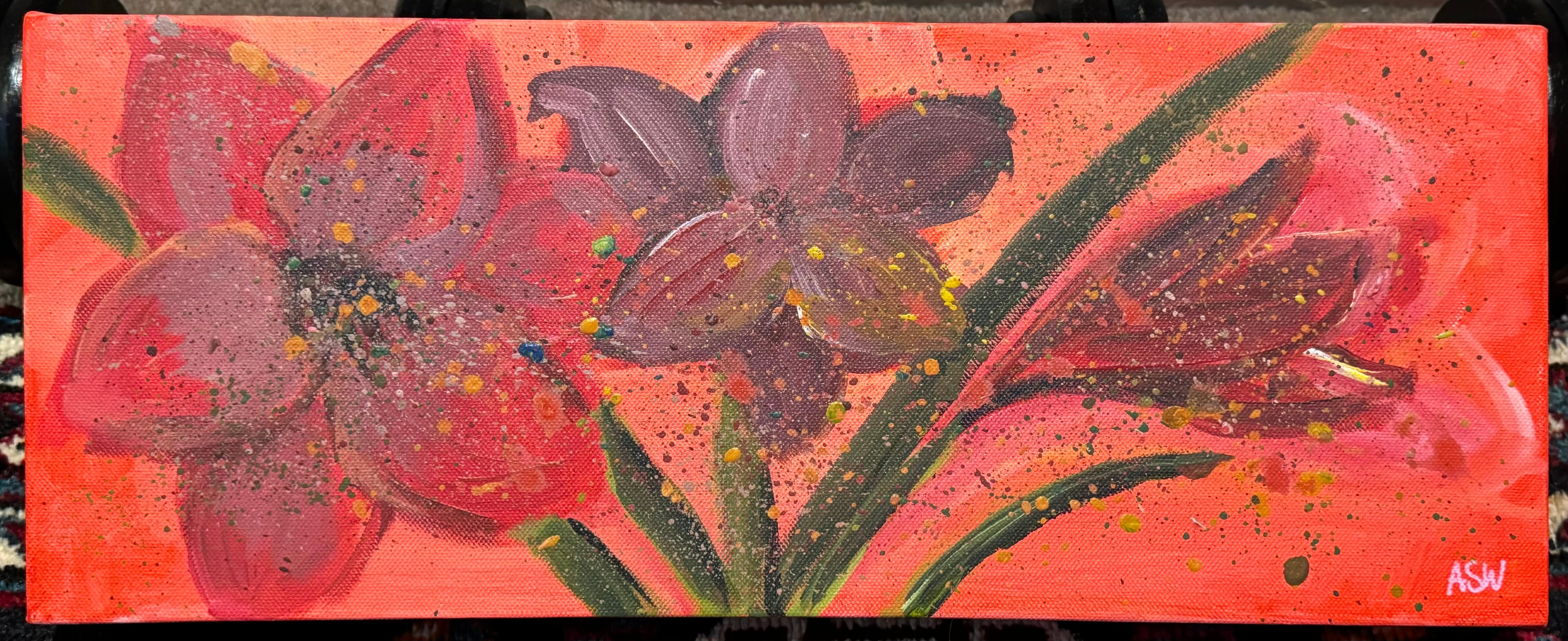 Vibranti fiori rossi astratti con spruzzi di verde e giallo su tela di cofanetto - Painting Impressionismo astratto di Angela Wakefield