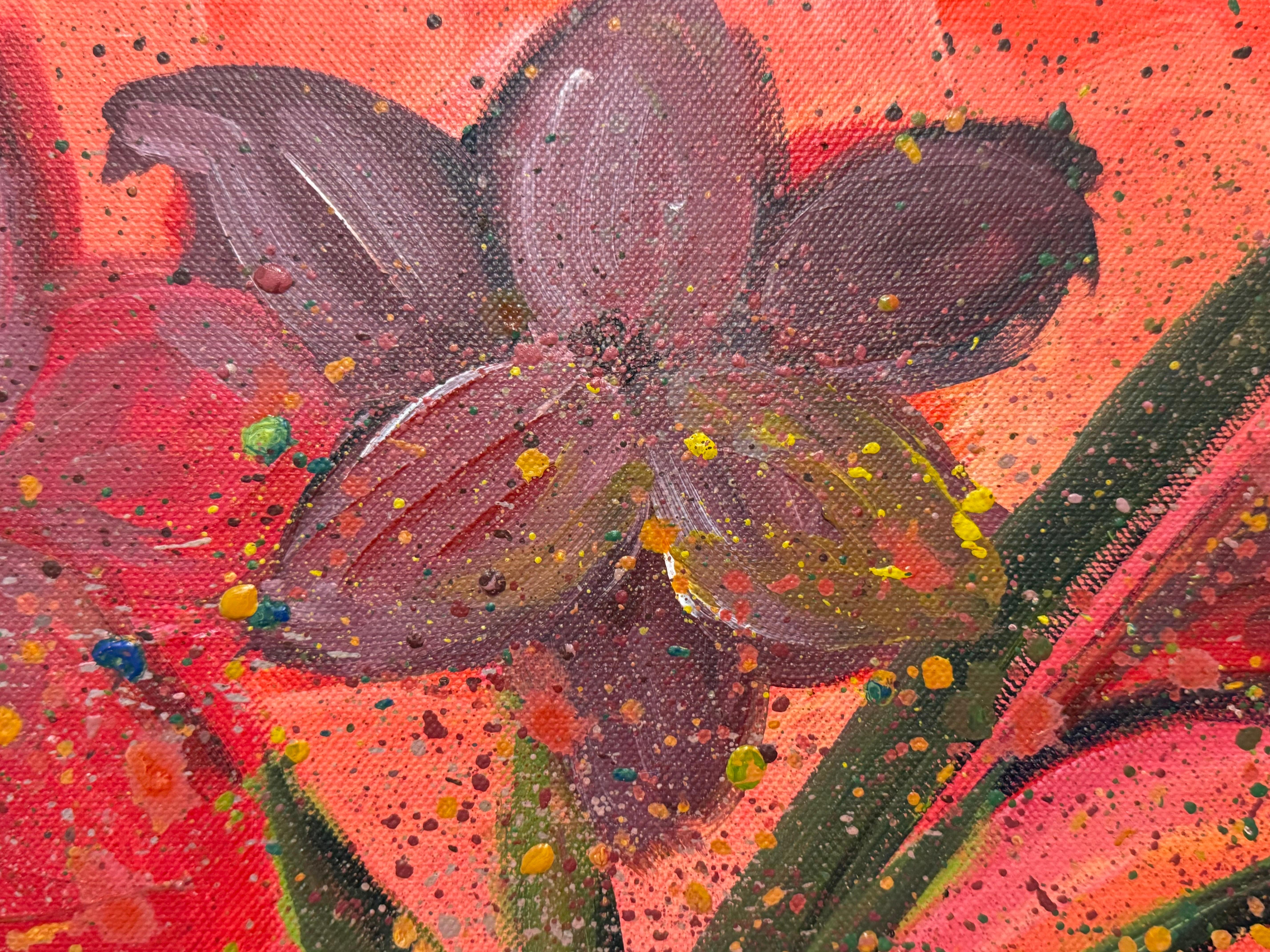 Vibranti fiori rossi astratti con spruzzi di verde e giallo su tela di cofanetto dell'artista britannica contemporanea Angela Wakefield

L'arte misura 20 x 8 pollici
Firmato, originale, non incorniciato, su tela

Questo quadro floreale vibrante