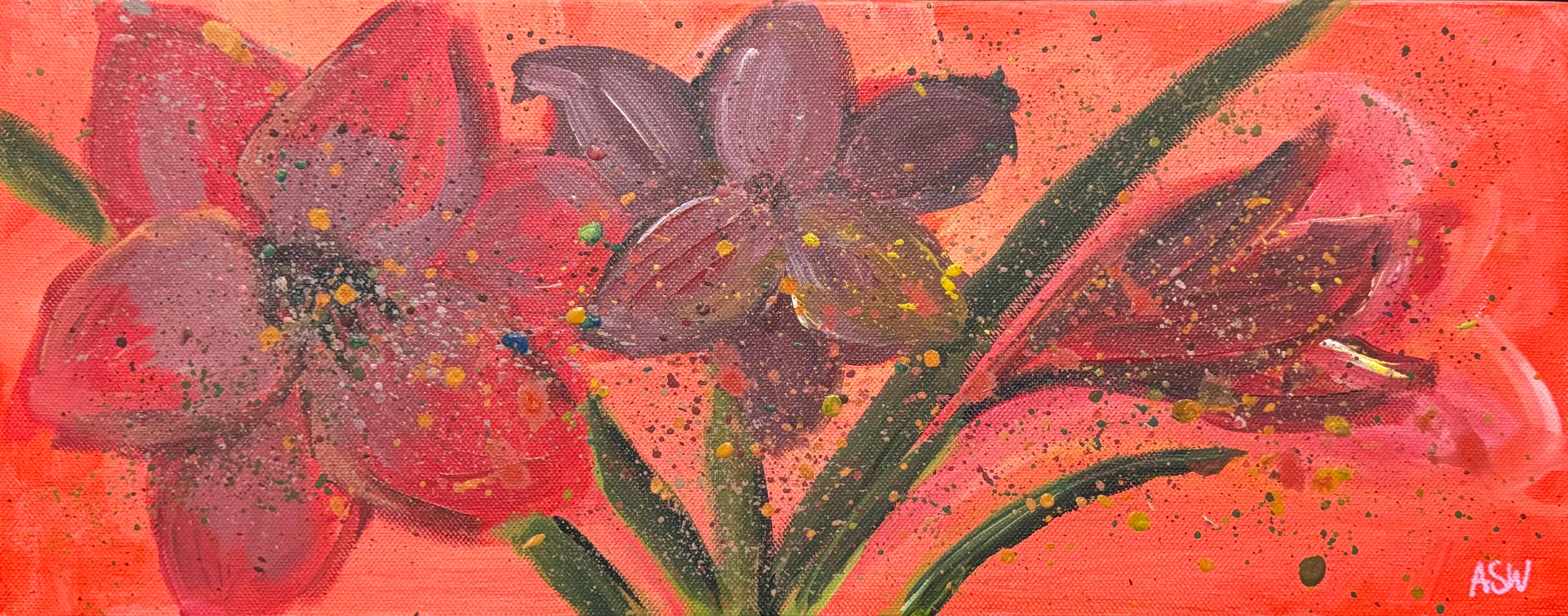 Abstract Painting di Angela Wakefield - Vibranti fiori rossi astratti con spruzzi di verde e giallo su tela di cofanetto