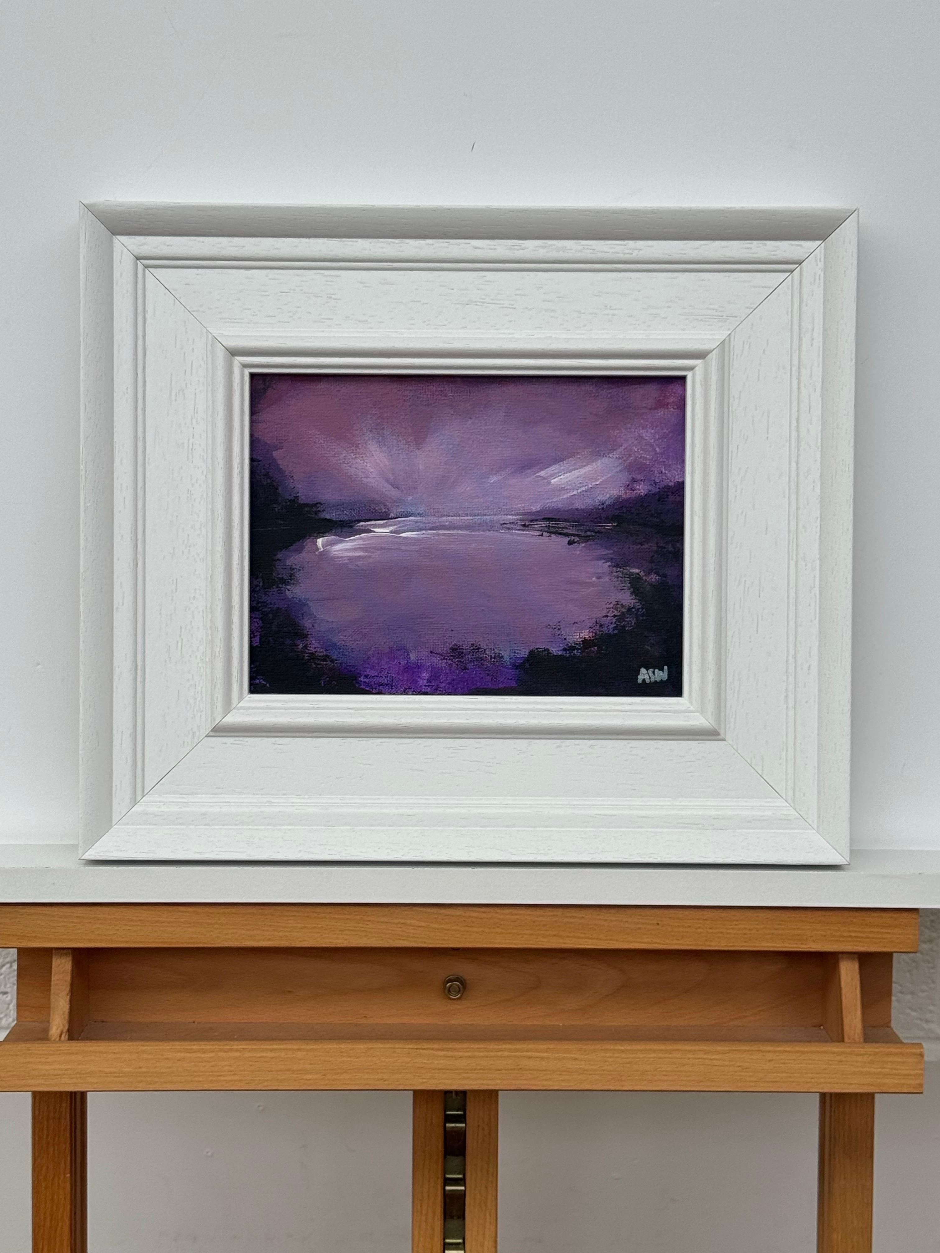 Violet Reflections at Dusk - Miniature Art by Contemporary British Artist - Gray Landscape Painting by Angela Wakefield