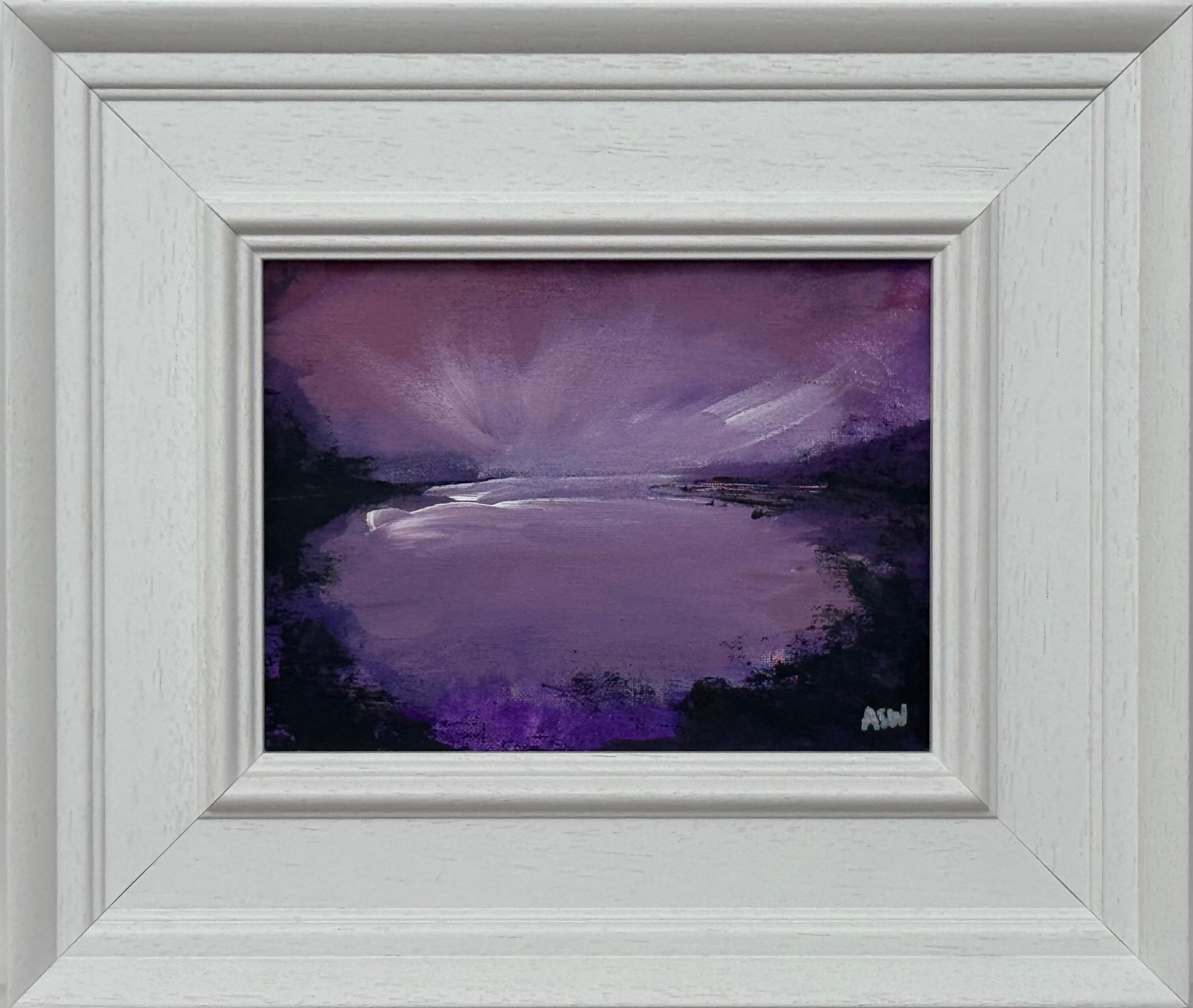 Angela Wakefield Landscape Painting - Violet Reflections at Dusk - Miniature Art by Contemporary British Artist
