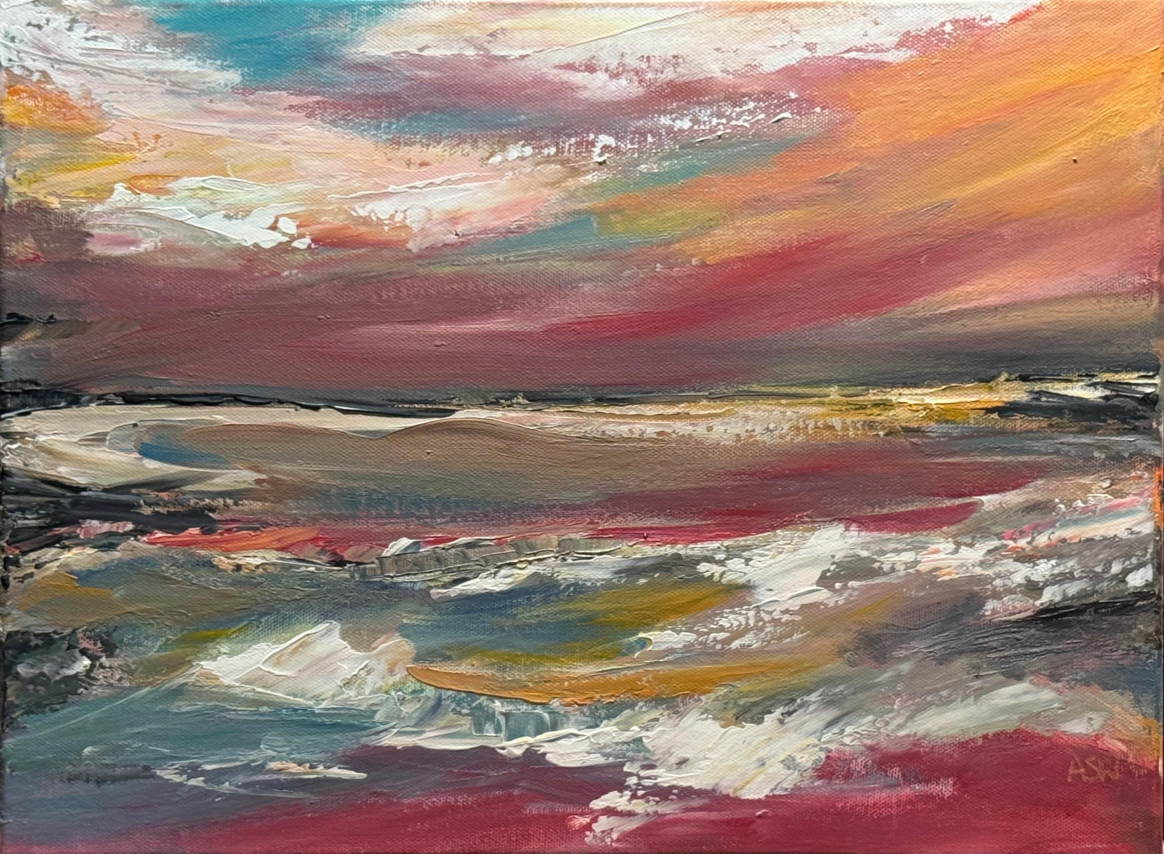 Vivid seascape where turbulent waves meet a glowing horizon of shifting light - Contemporary Painting by Angela Wakefield